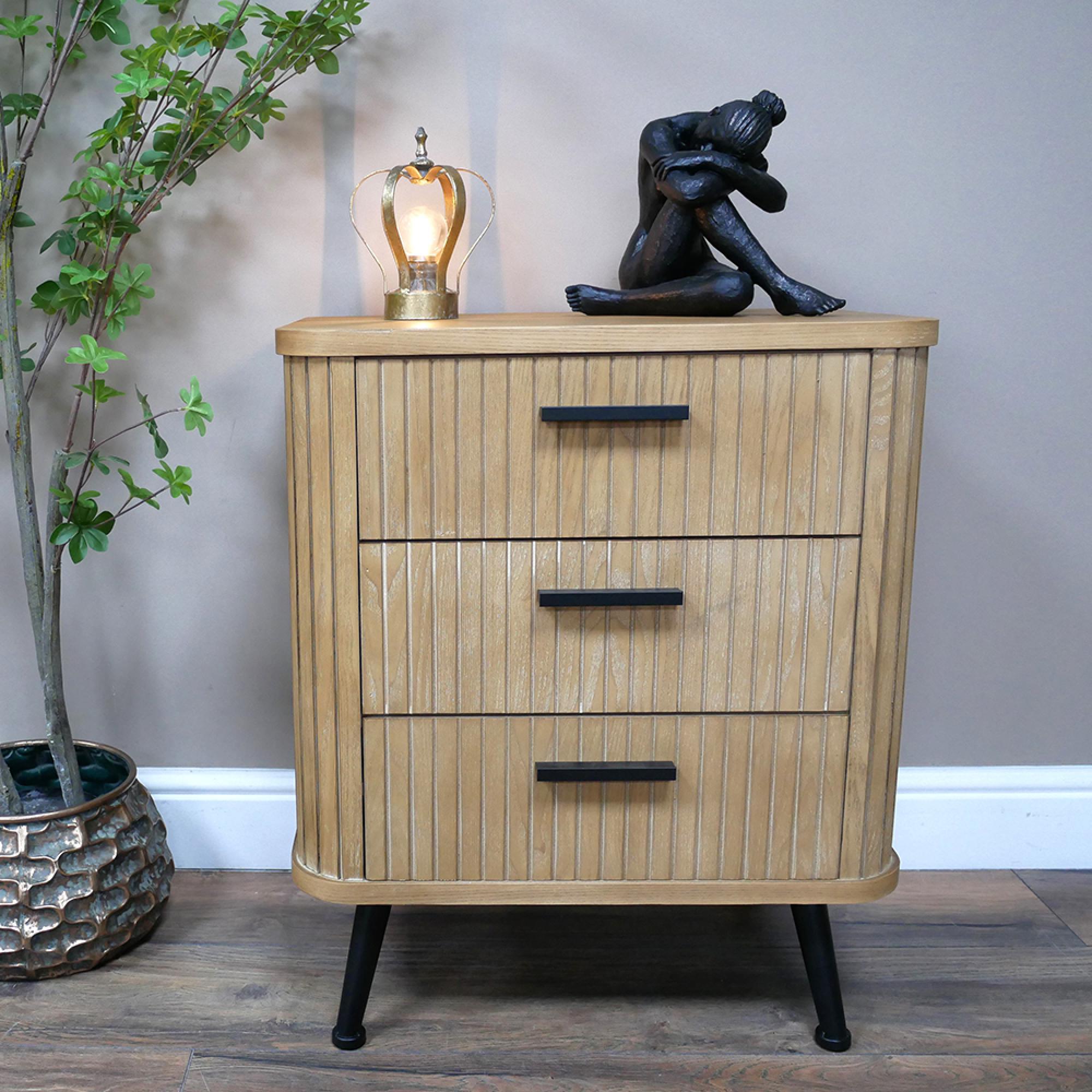 Bedside Cabinet - 3 Drawer - Ribbed Wooden