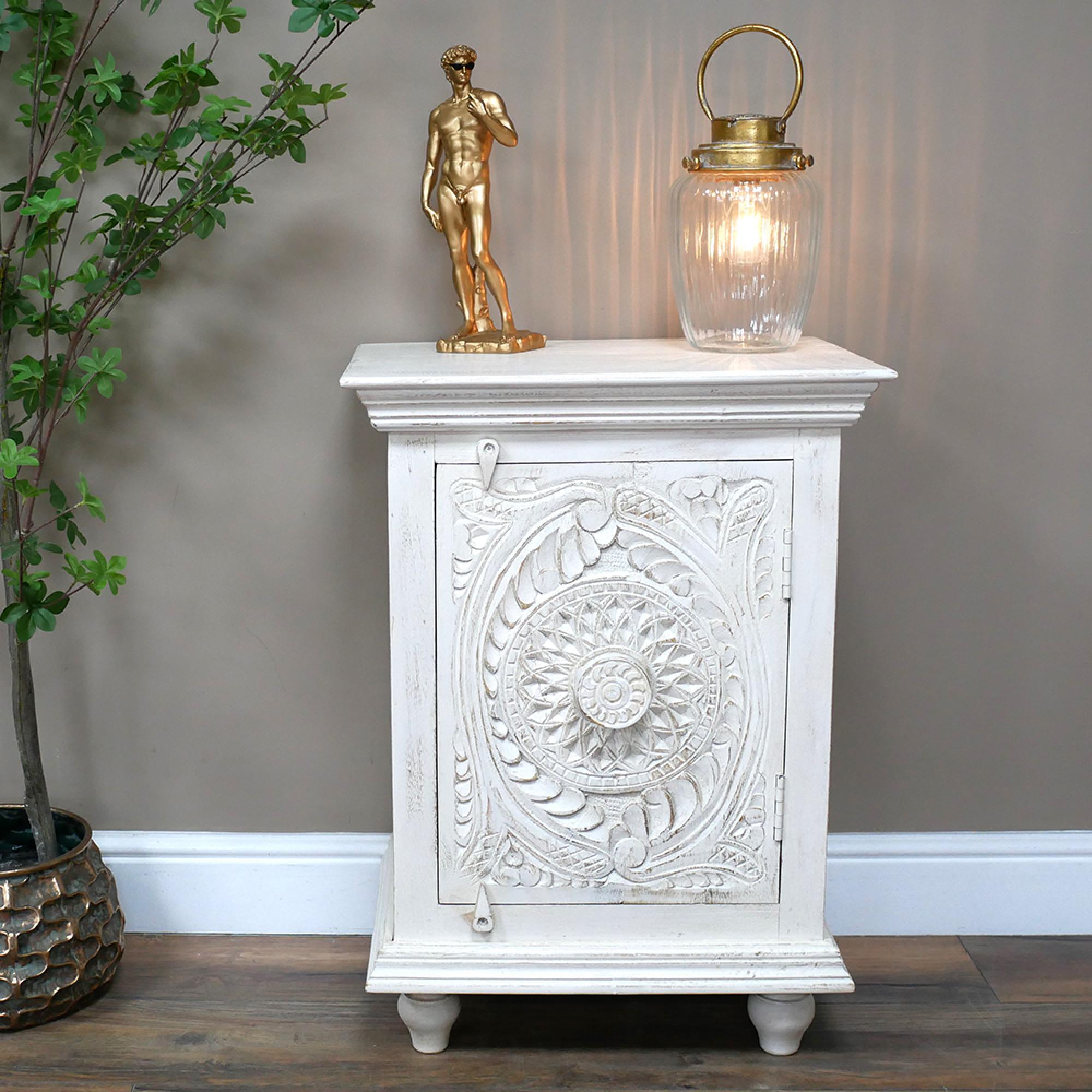 Bedside Cabinet - 1 Door - White Washed Carved Mango Wood
