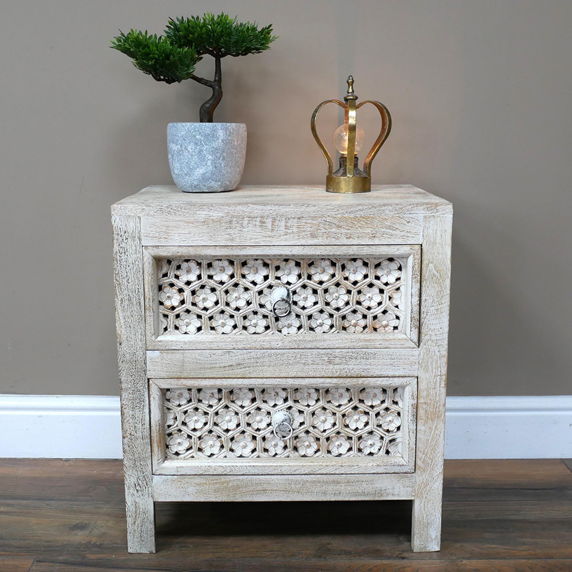 Bedside Cabinet - 2 Drawer - White Washed Mango Wood