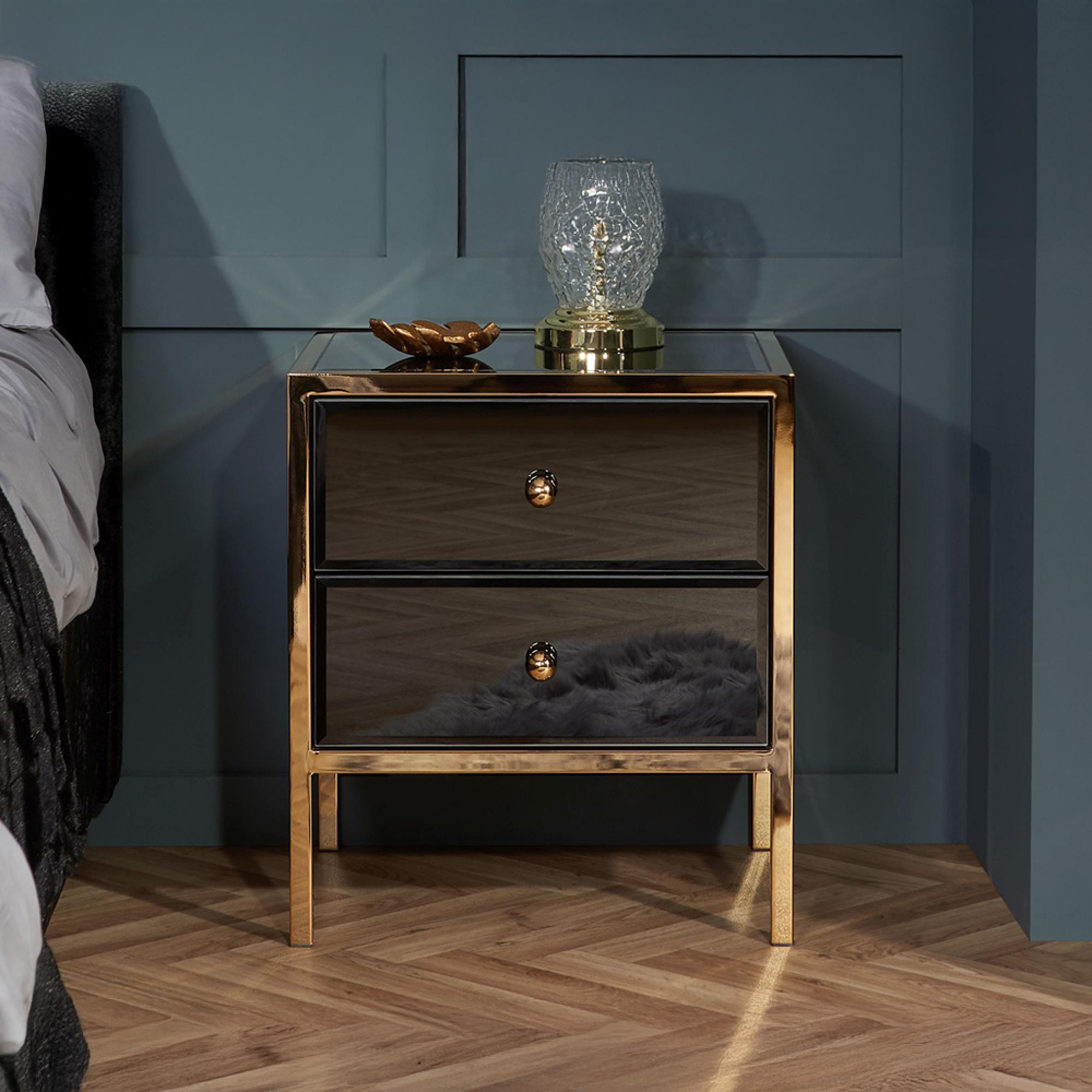 Fenwick Bedside Cabinet - 2 Drawer - Black Glass - Gold Trim