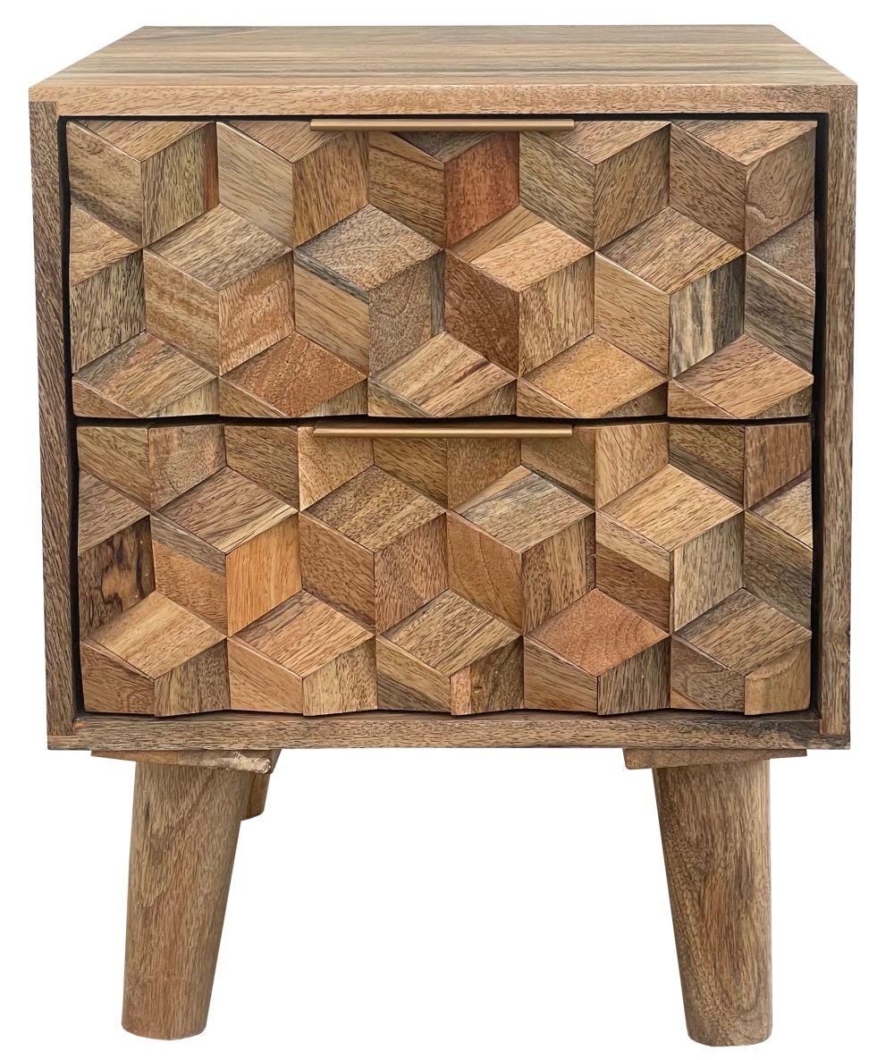 Geometric Carved Bedside Cabinet - 2 Drawer - Mango Wood