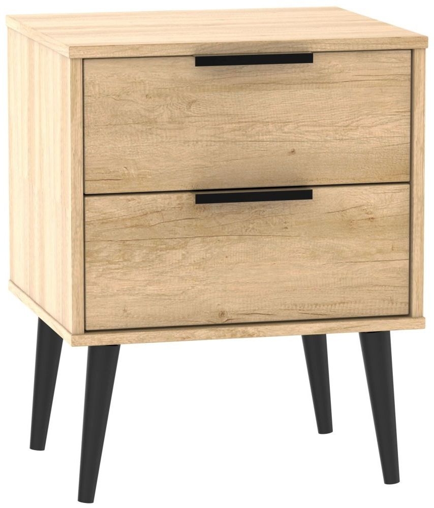Hong Kong Bedside Cabinet - 2 Drawer - with Wooden Legs - Oak