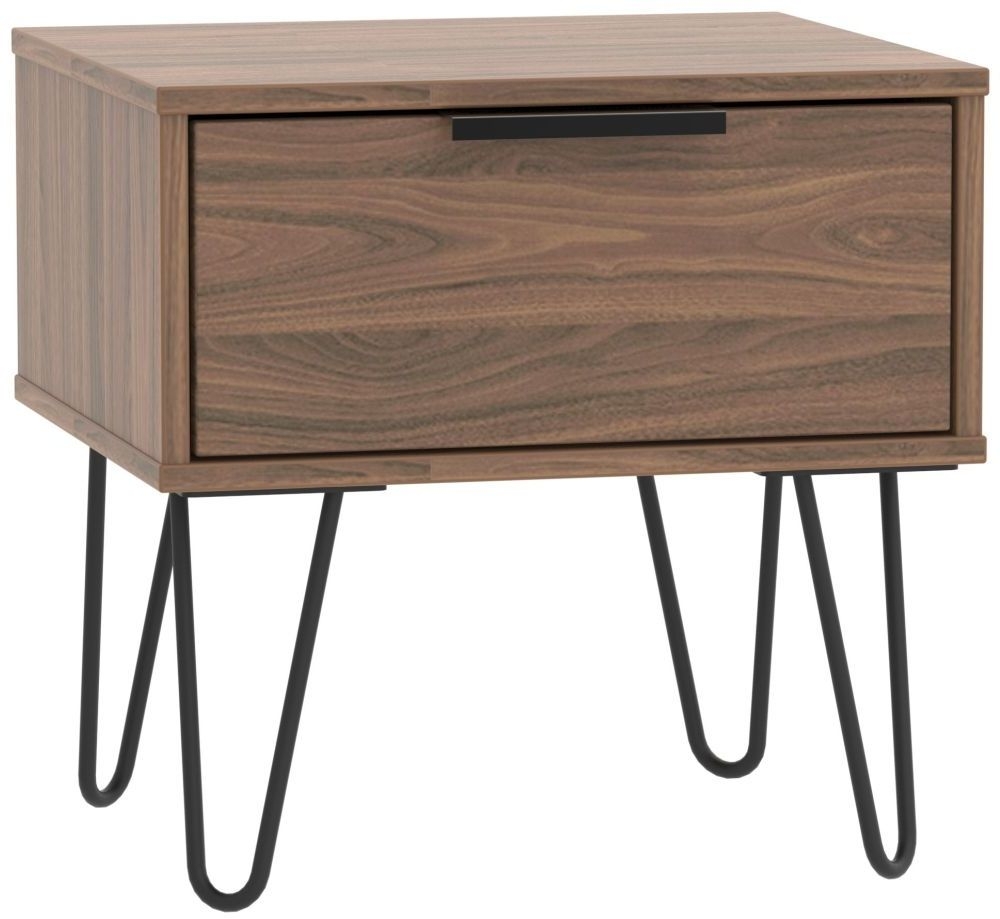 Hong Kong Bedside Table - 1 Drawer - with Hairpin Legs - Walnut