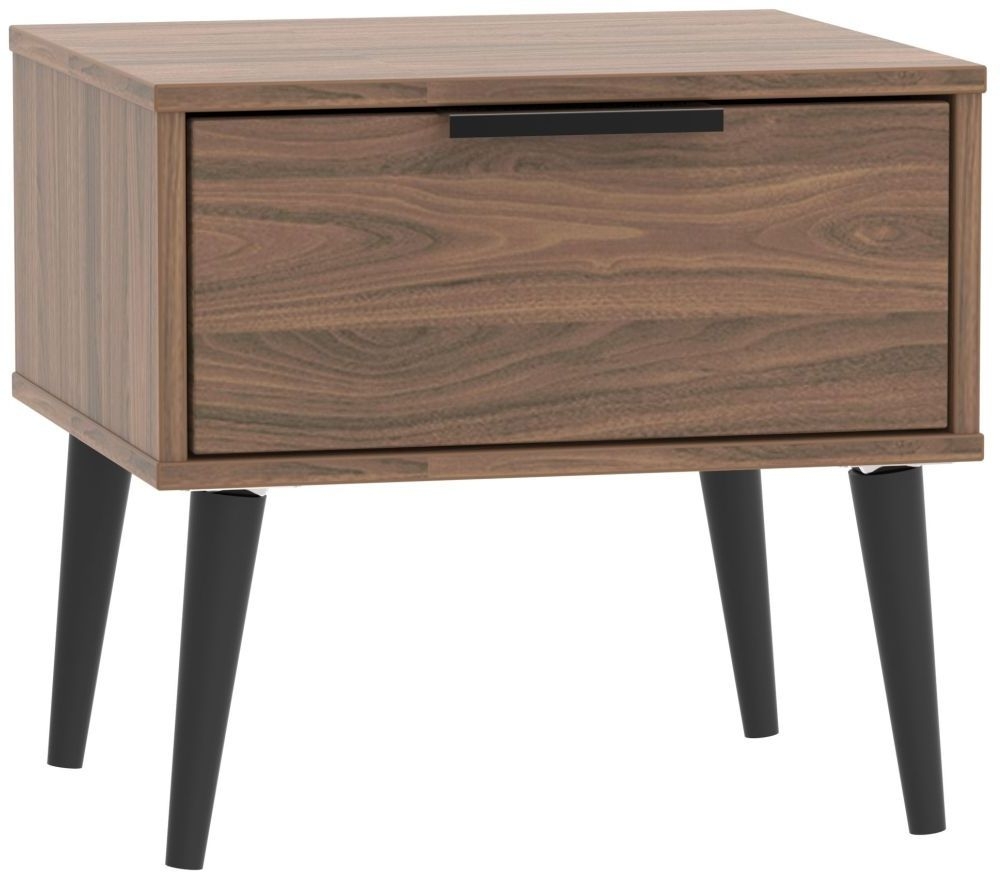 Hong Kong Bedside Table - 1 Drawer - with Wooden Legs - Walnut