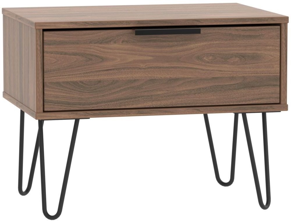 Hong Kong Bedside Table - 1 Drawer - Wide - with Hairpin Legs - Walnut