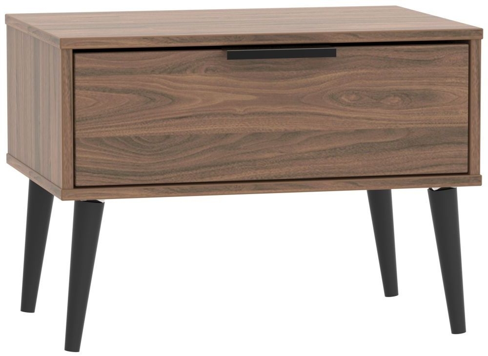 Hong Kong Bedside Table - 1 Drawer - Wide - with Wooden Legs - Walnut