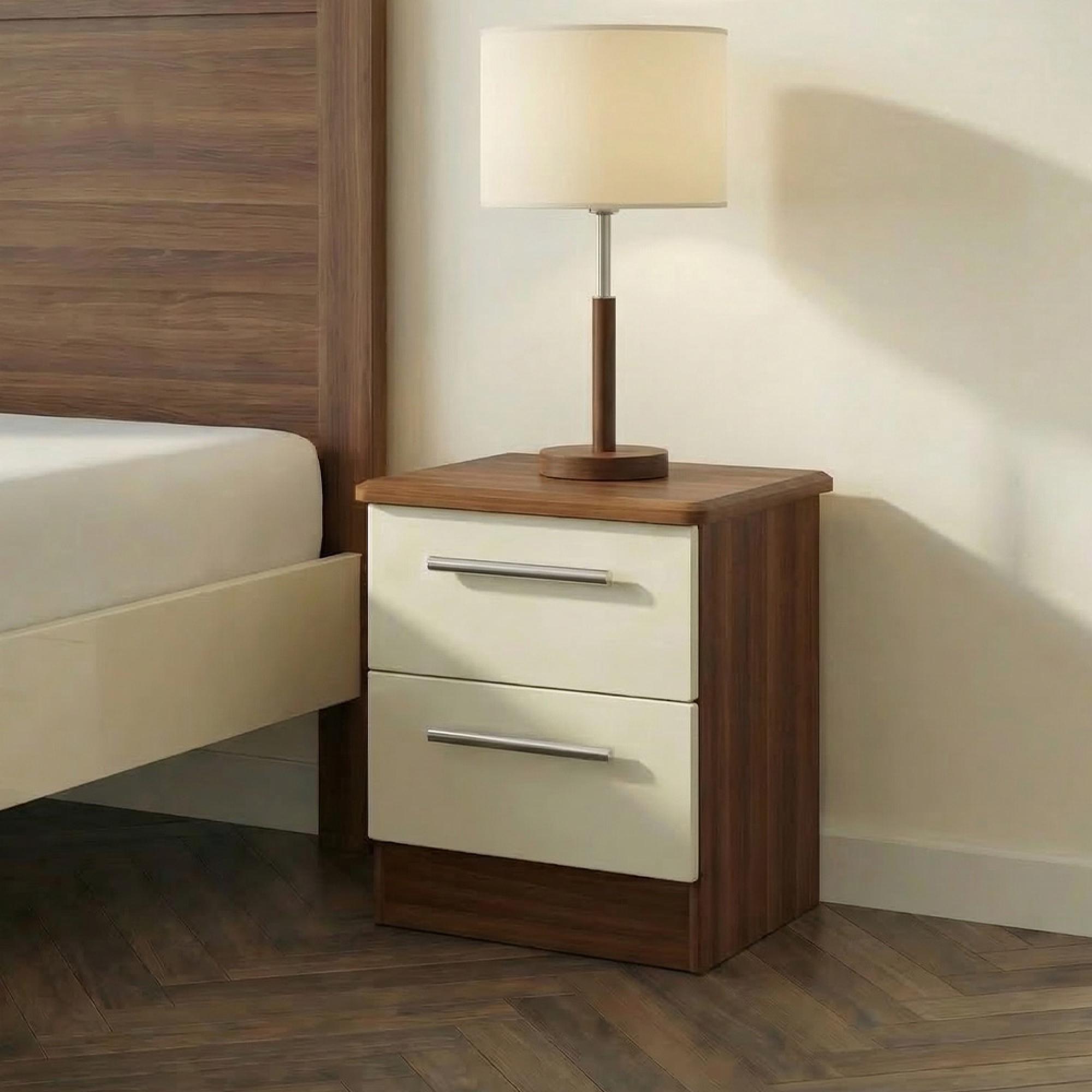 Knightsbridge Bedside Cabinet - 2 Drawer - Cream Gloss and Walnut