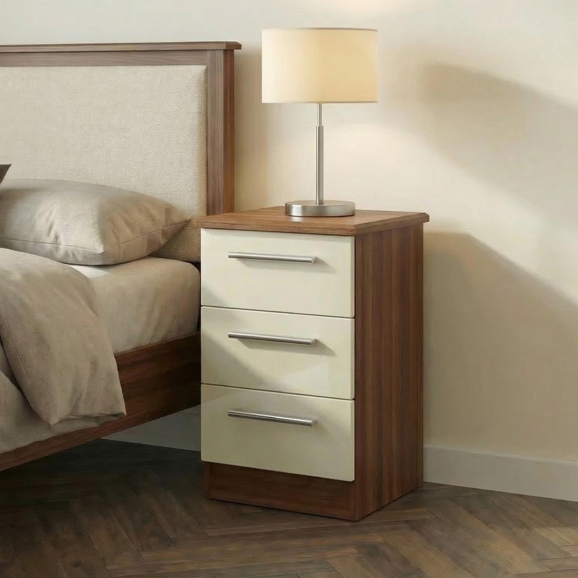 Knightsbridge Bedside Cabinet - 3 Drawer - Cream Gloss and Walnut