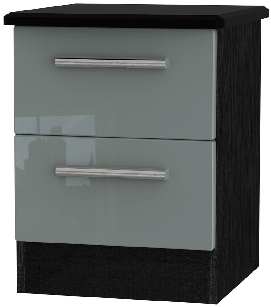 Knightsbridge Bedside Cabinet - 2 Drawer - Grey Gloss and Black