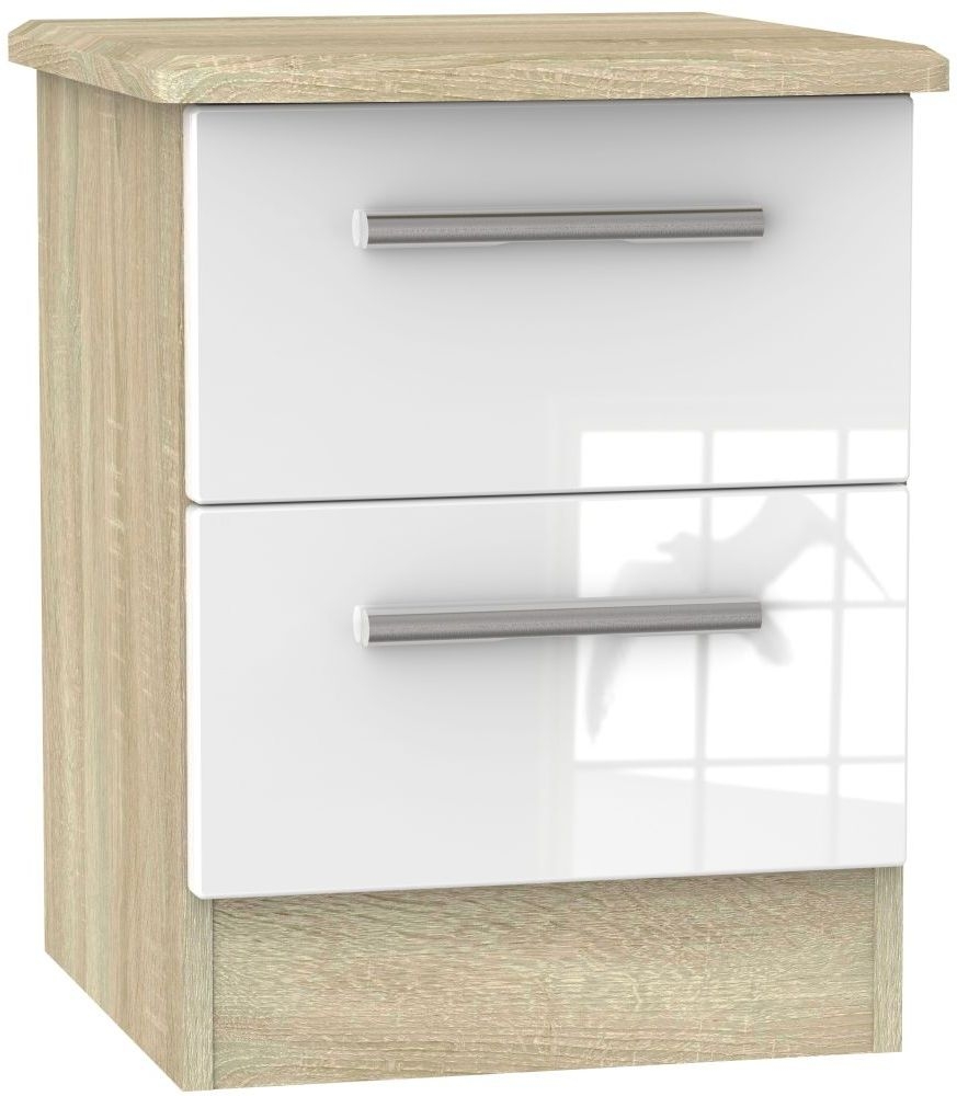 Knightsbridge Bedside Cabinet - 2 Drawer - White Gloss and Oak