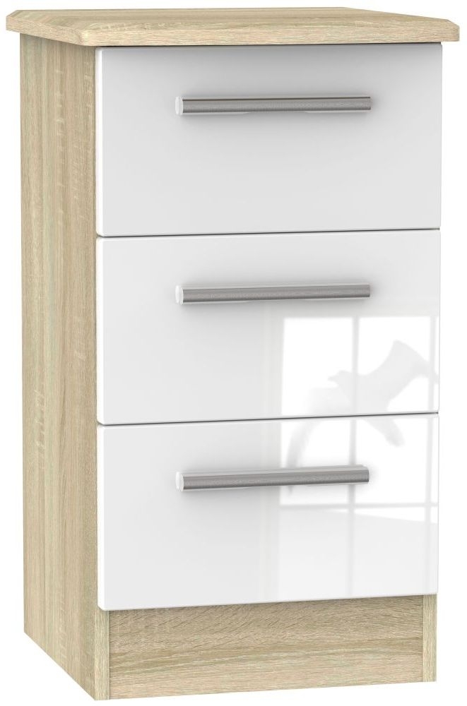 Knightsbridge Bedside Cabinet - 3 Drawer - White Gloss and Oak