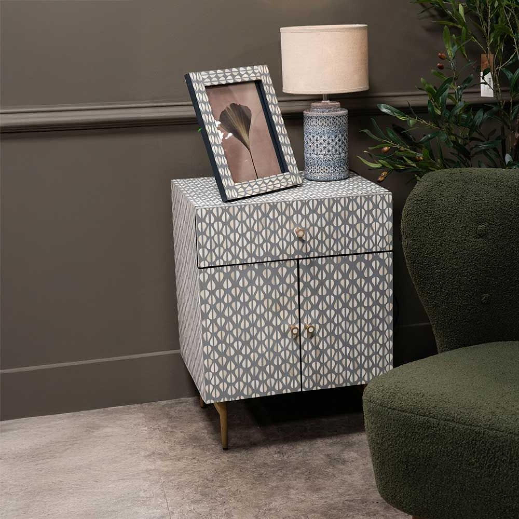 Burgess Bedside Cabinet - Grey Bone Inlay - 2 Door - 1 Drawer