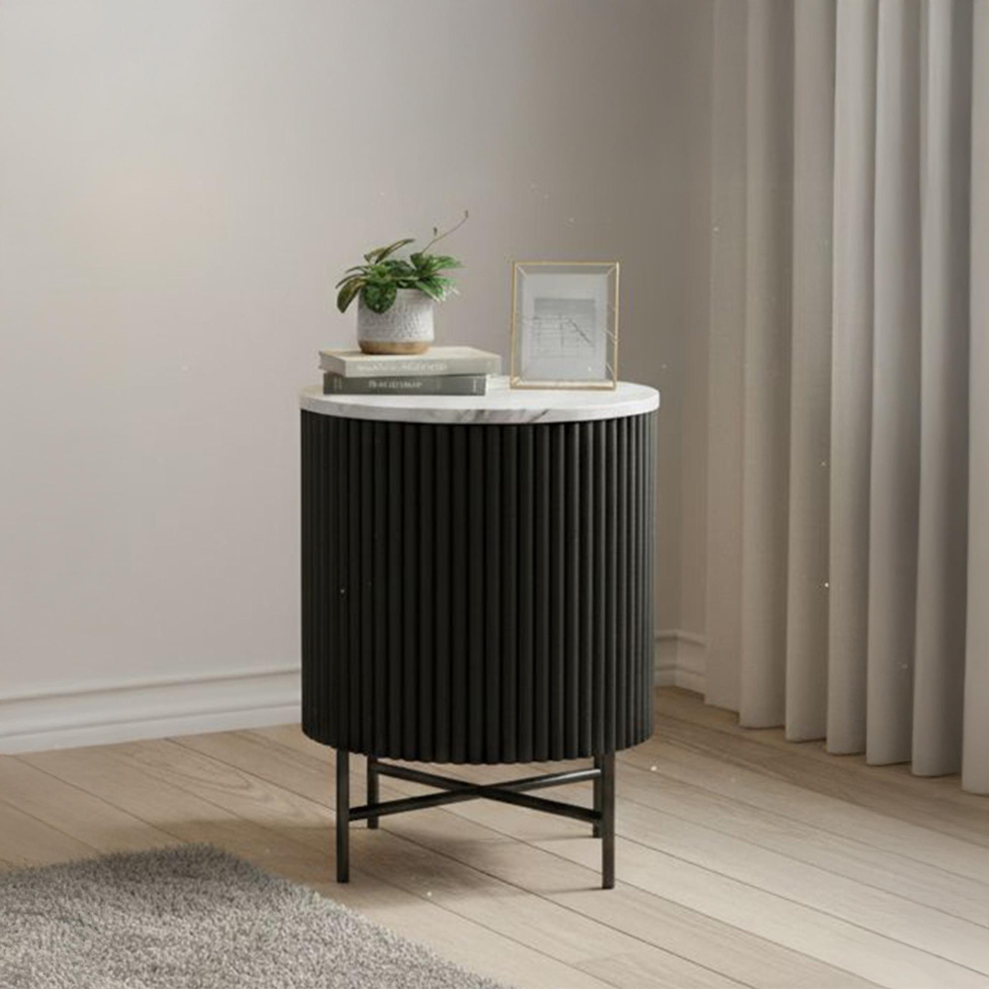 Lucas Black Bedside Table - 1 Door Fluted - White Marble Top