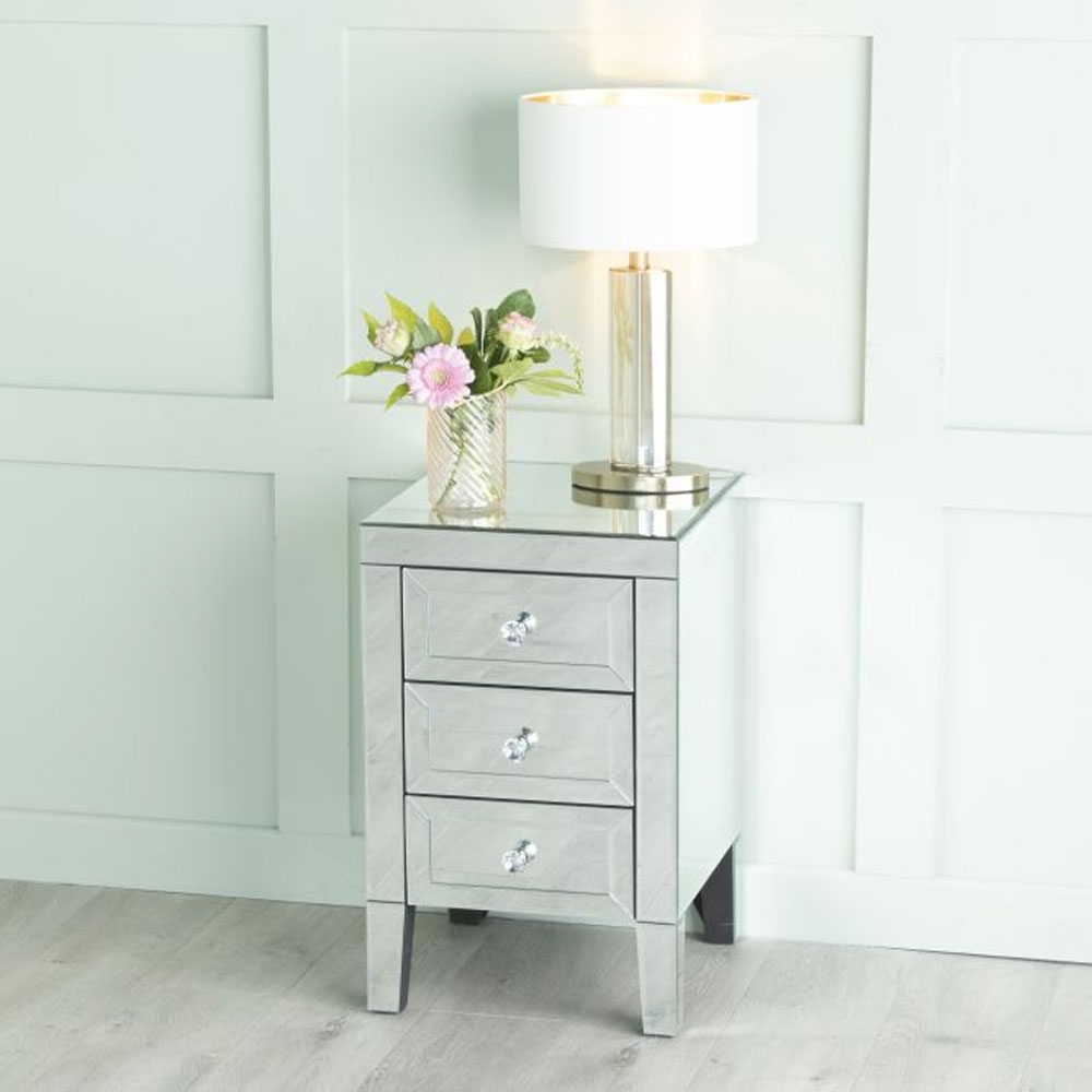 Lucia Bedside Cabinet - 3 Drawer - Mirrored
