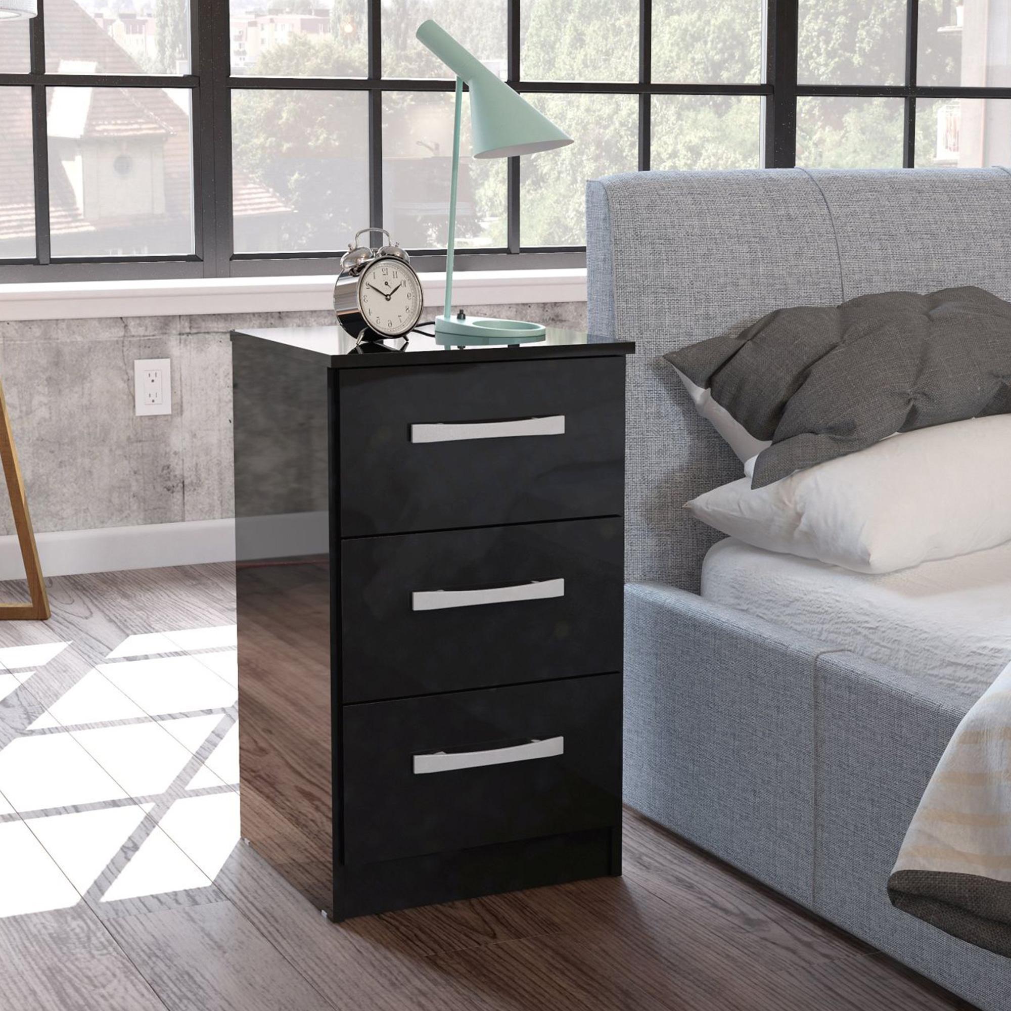 Lynx Bedside Cabinet - 3 Drawer - Black Gloss