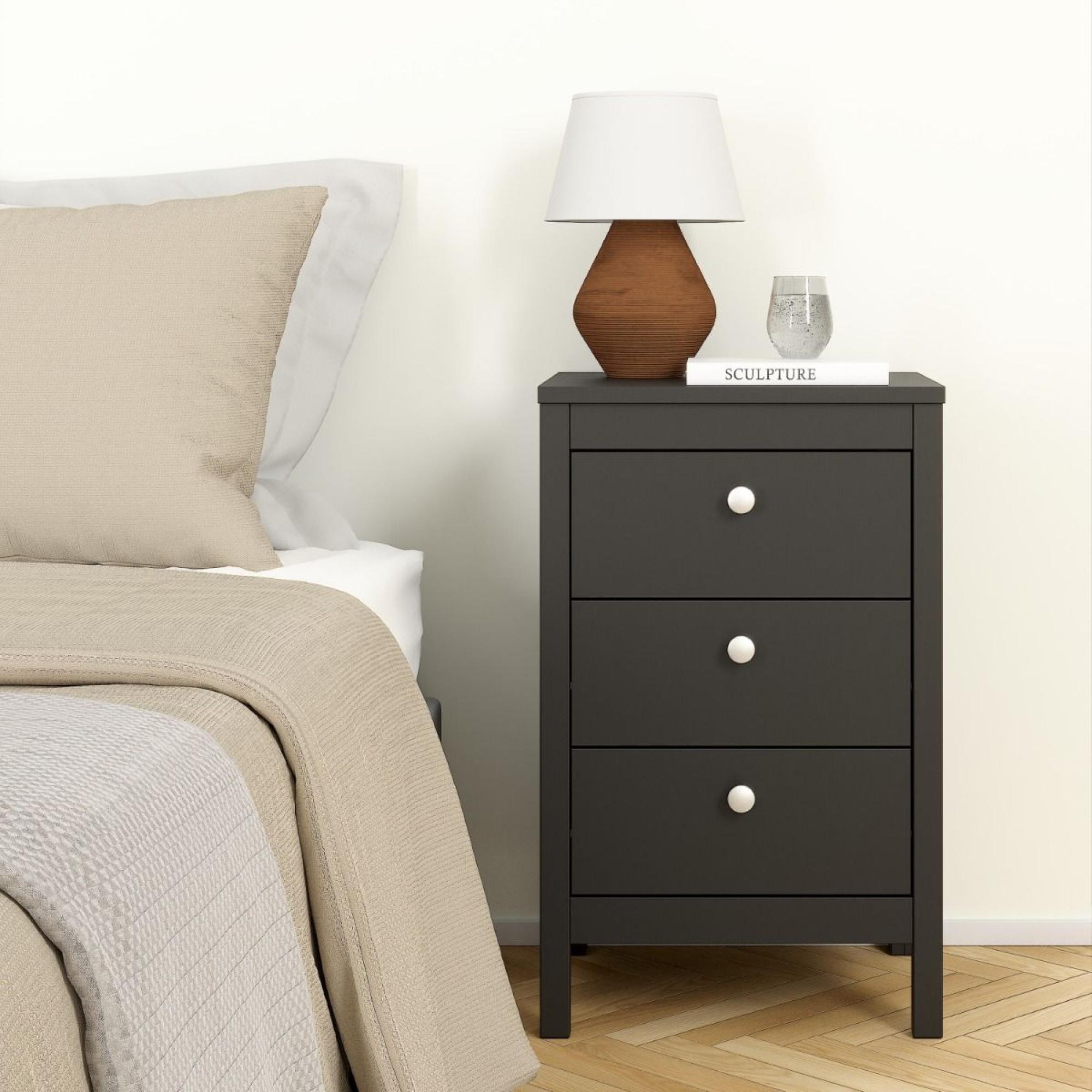 Madrid Bedside Table - 3 Drawer - Matt Black
