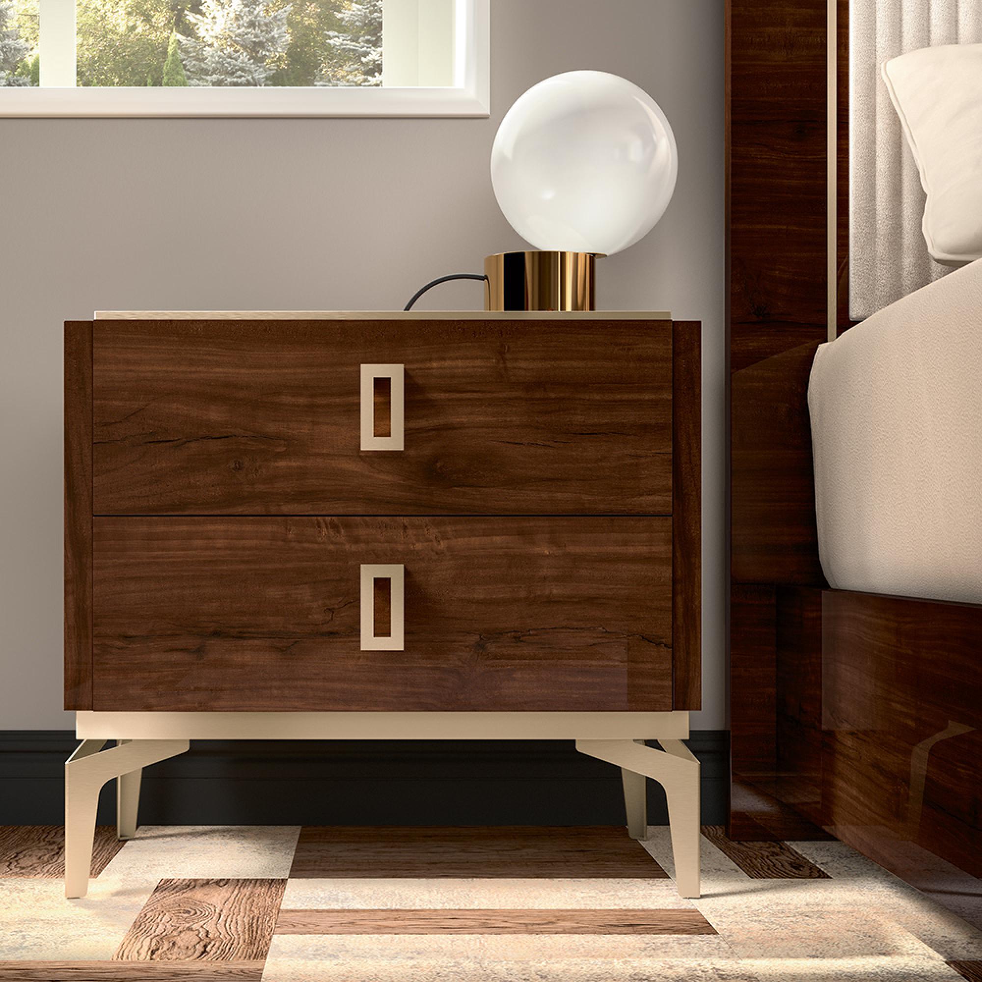 Modern Eva Bedside Cabinet - 2 Drawer - Walnut with Gold Trim