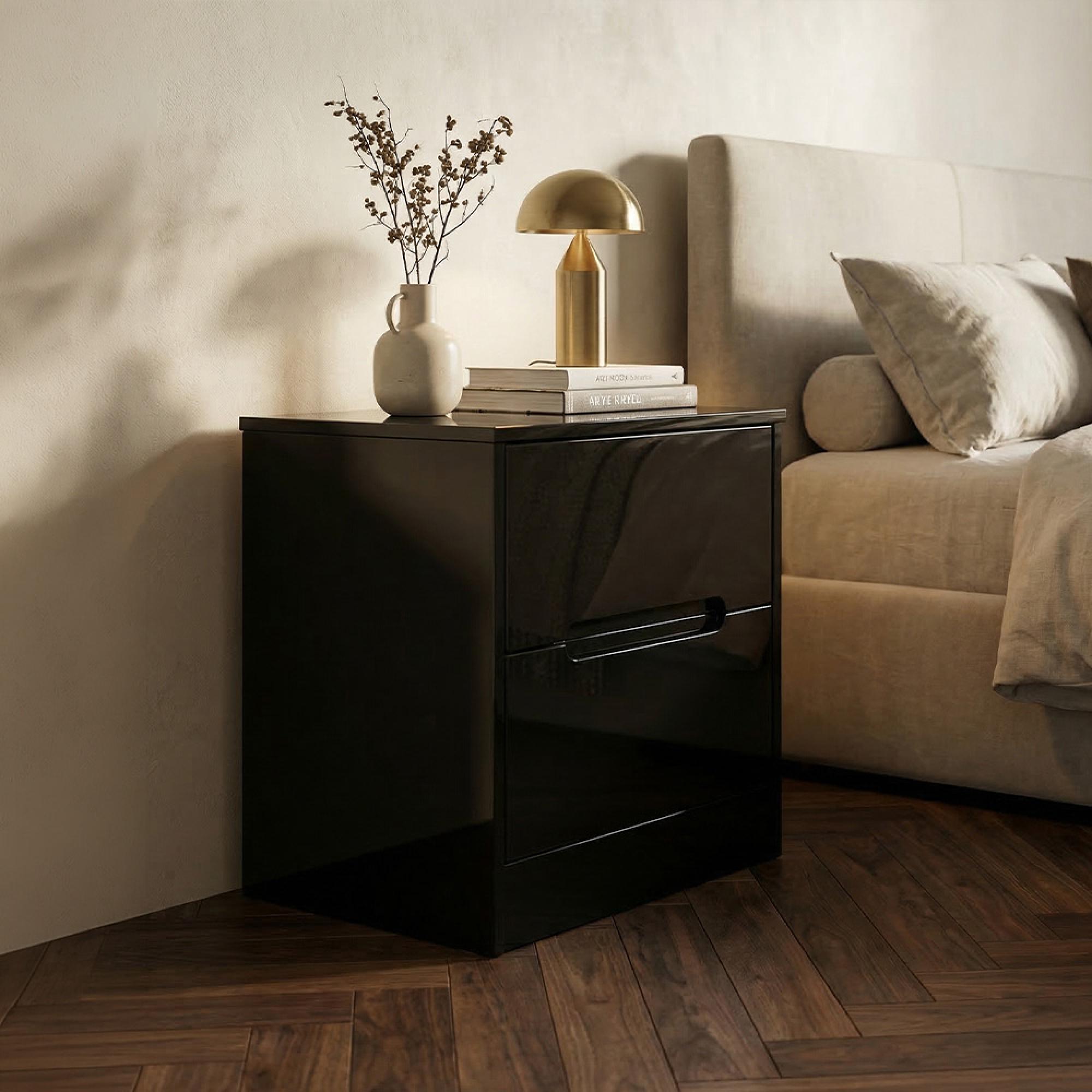 Monaco Bedside Cabinet - 2 Drawer - Black Gloss