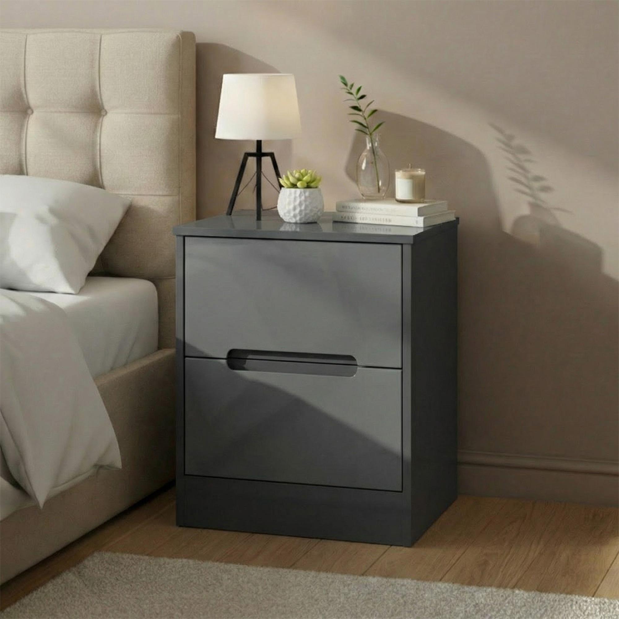 Monaco Bedside Cabinet - 2 Drawer - Grey Gloss and Graphite