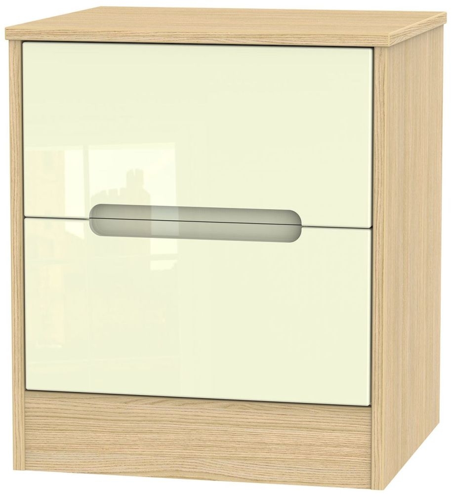 Monaco Bedside Cabinet - 2 Drawer - Cream Gloss and Light Oak