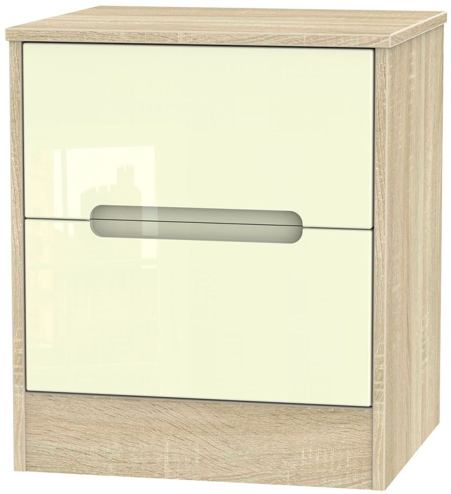 Monaco Bedside Cabinet - 2 Drawer - Cream Gloss and Oak