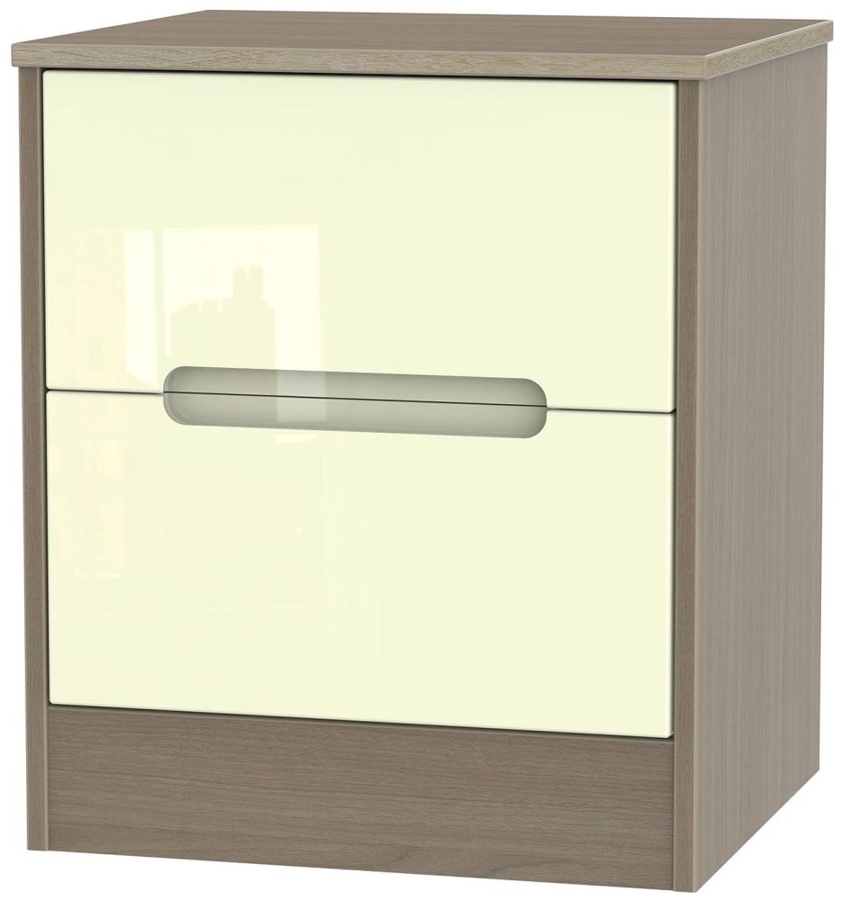 Monaco Bedside Cabinet - 2 Drawer - Cream Gloss and Toronto Walnut