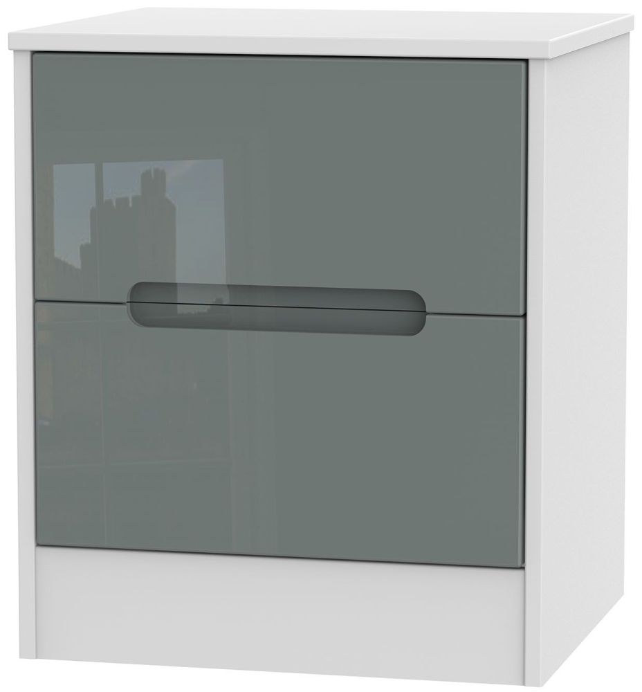 Monaco Bedside Cabinet - 2 Drawer - Grey Gloss and White