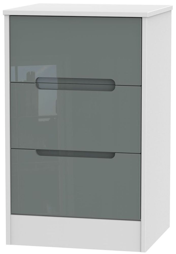 Monaco Bedside Cabinet - 3 Drawer - Grey Gloss and White