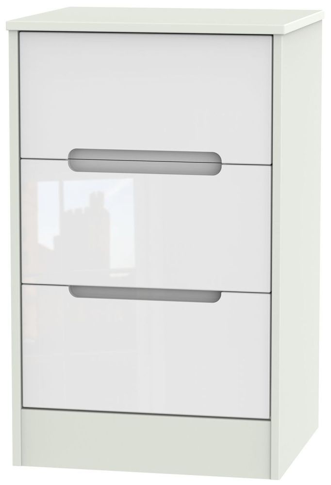 Monaco Bedside Cabinet - 3 Drawer - White Gloss and Cashmere