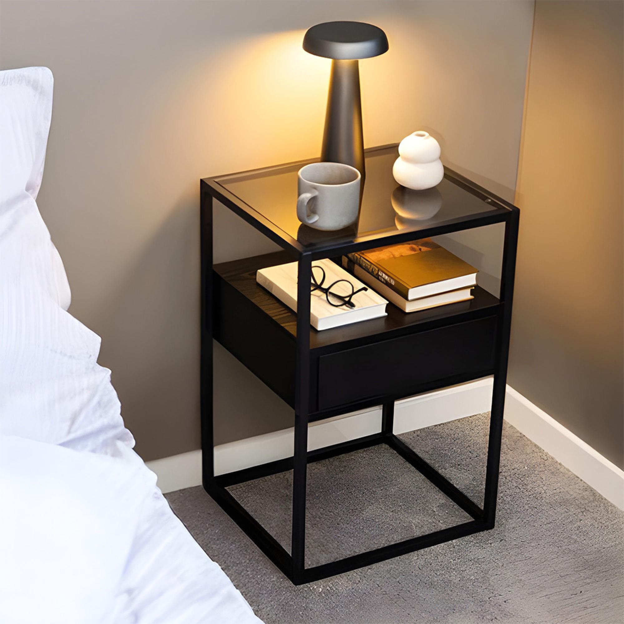 Randolf Bedside Table - 1 Drawer - Smoked Glass and Black