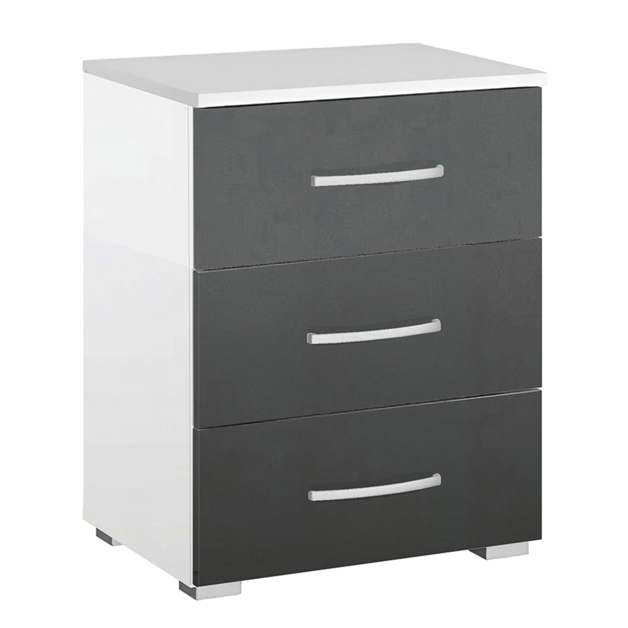 Alegro Bedside Cabinet - 3 Drawer - Alpine White & Metallic Dark Grey