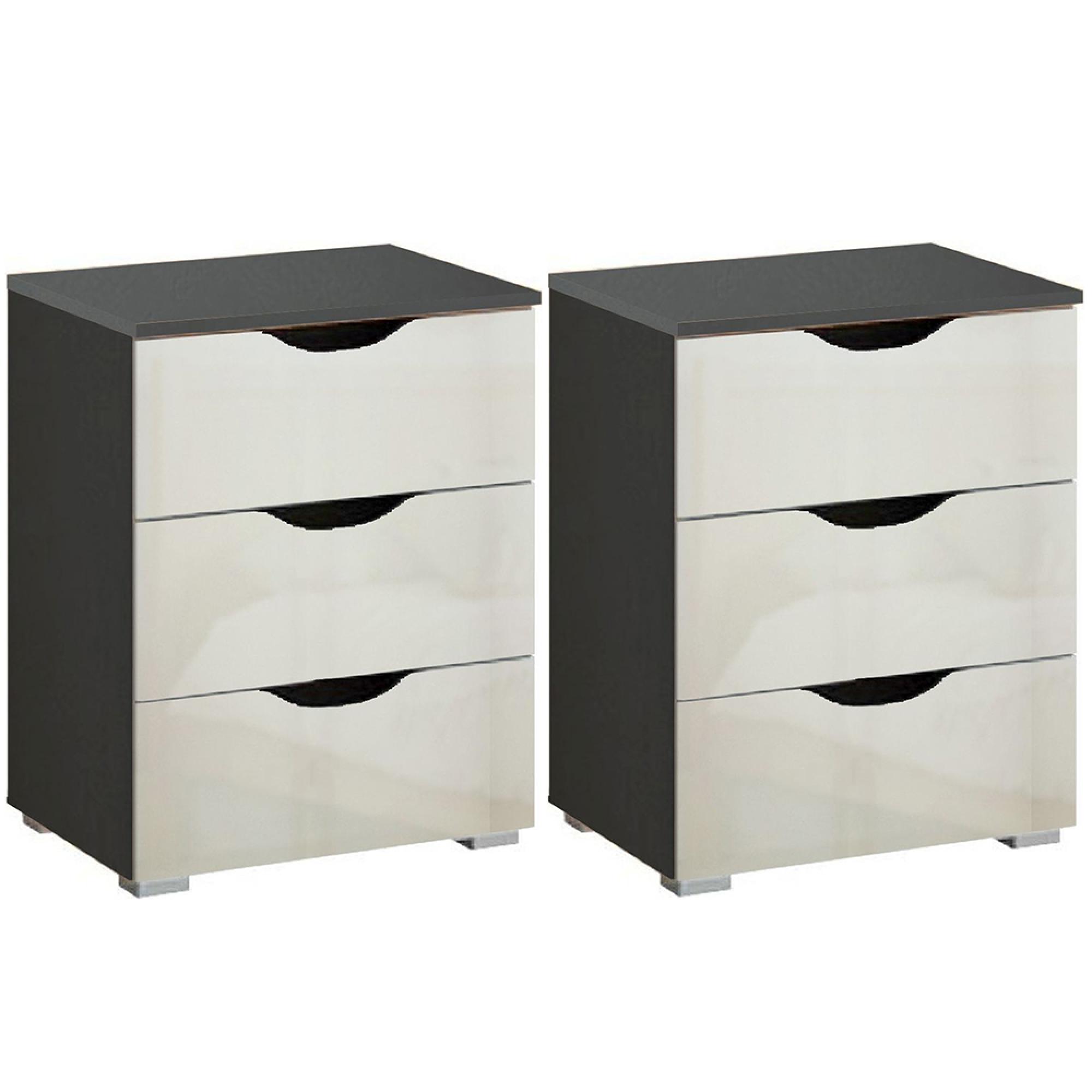 Arnstein Bedside Cabinet - 3 Drawer - Set of 2 - Metallic Dark Grey & White High Gloss