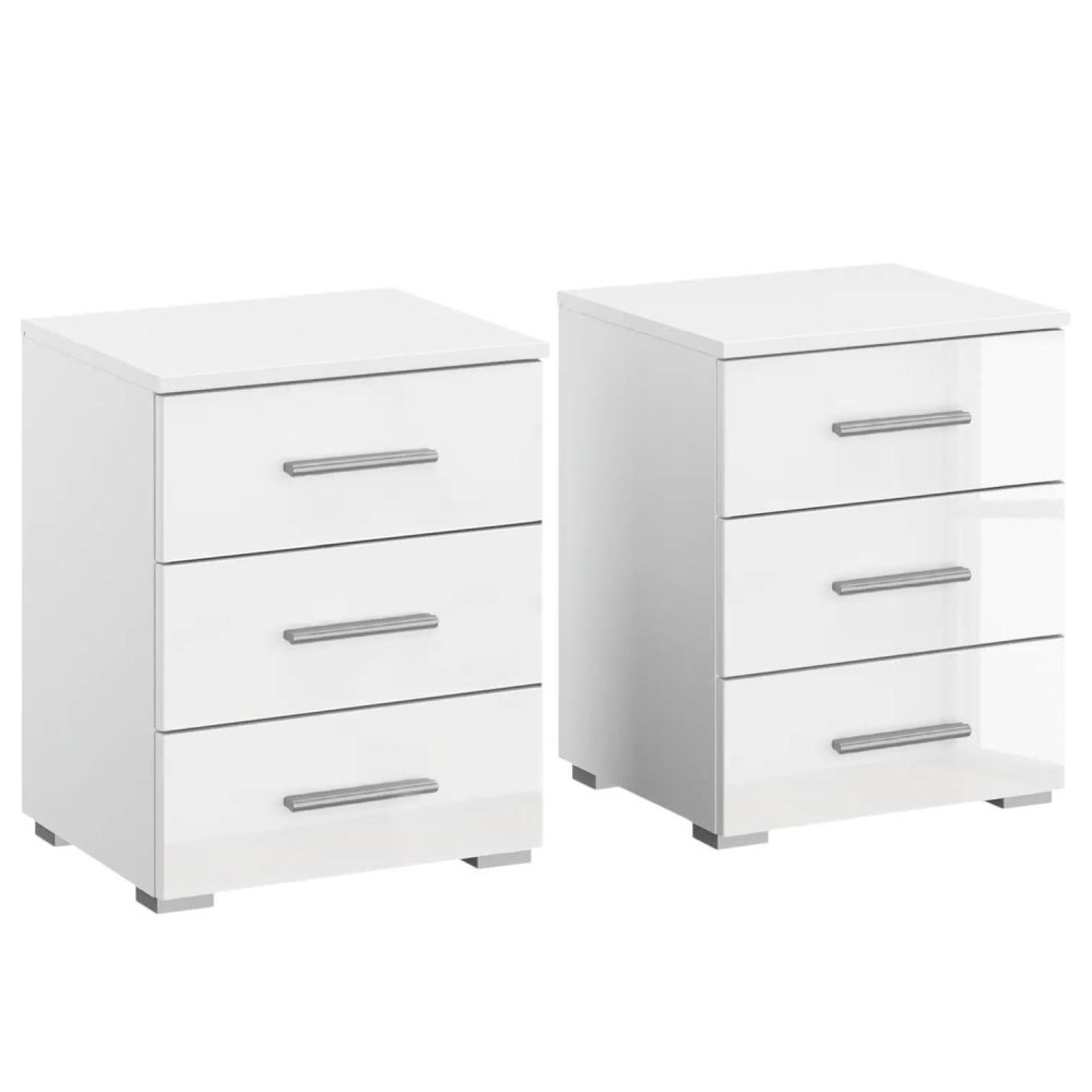 Base Bedside Cabinet - 3 Drawer - Set of 2 - Alpine White & White High Gloss