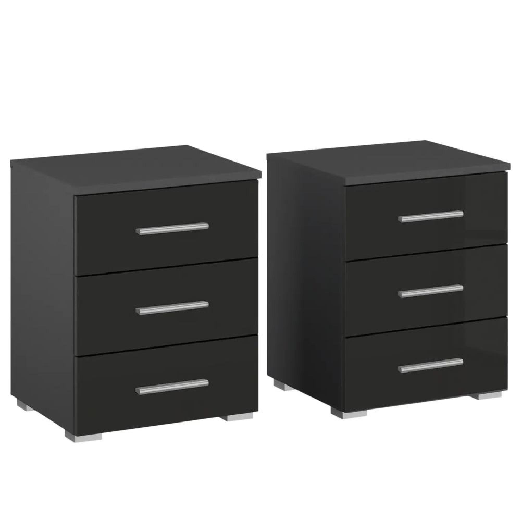 Base Bedside Cabinet - 3 Drawer - Set of 2 - Metallic Dark Grey & Grey High Gloss