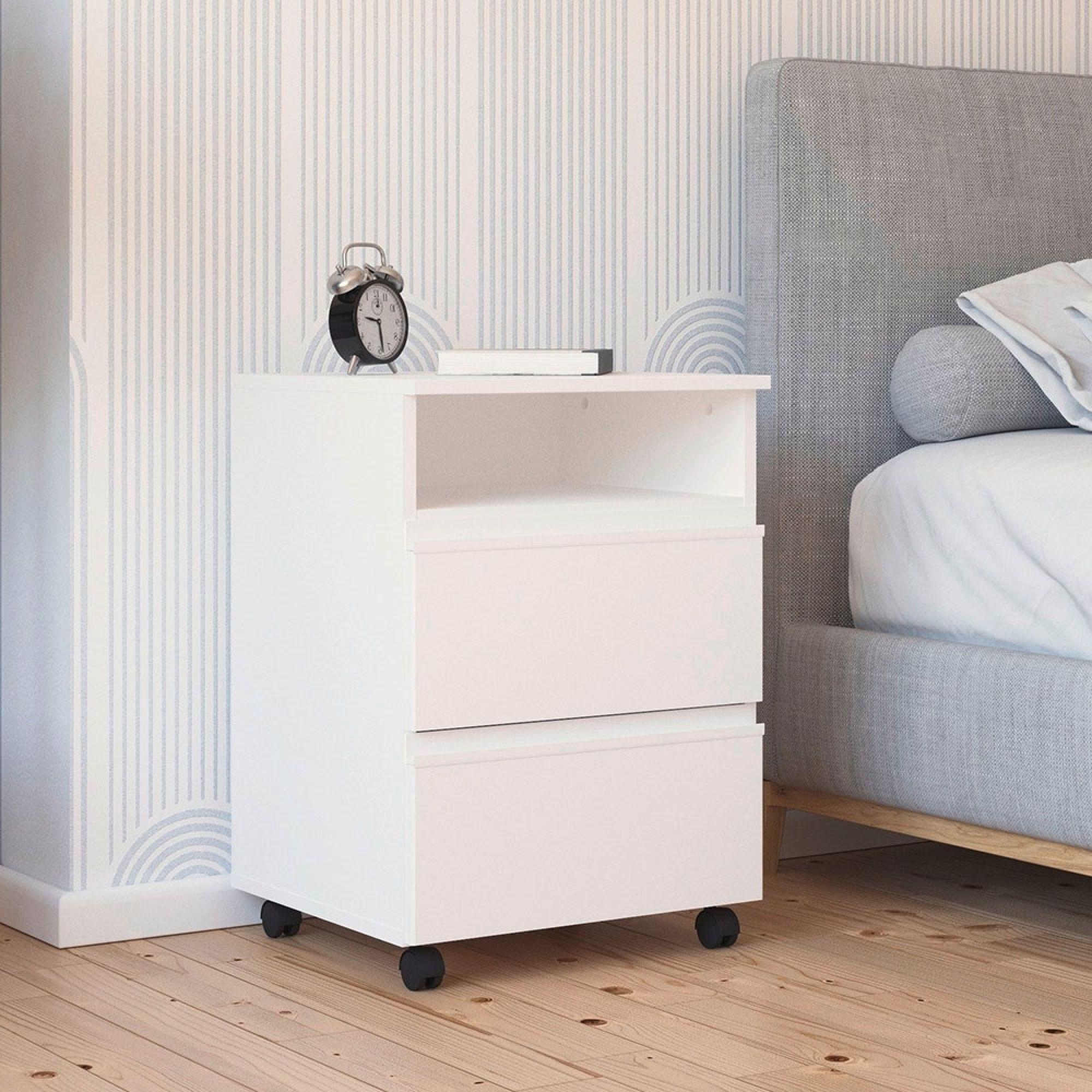 Joel Bedside Cabinet - 2 Drawer - On Wheels - Alpine White