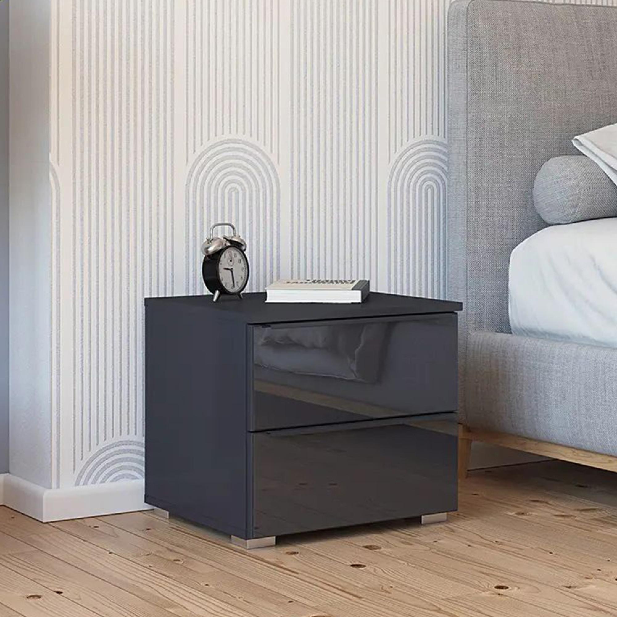 Monostar Bedside Cabinet - 2 Drawer - Metallic Dark Grey with Basalt Glass
