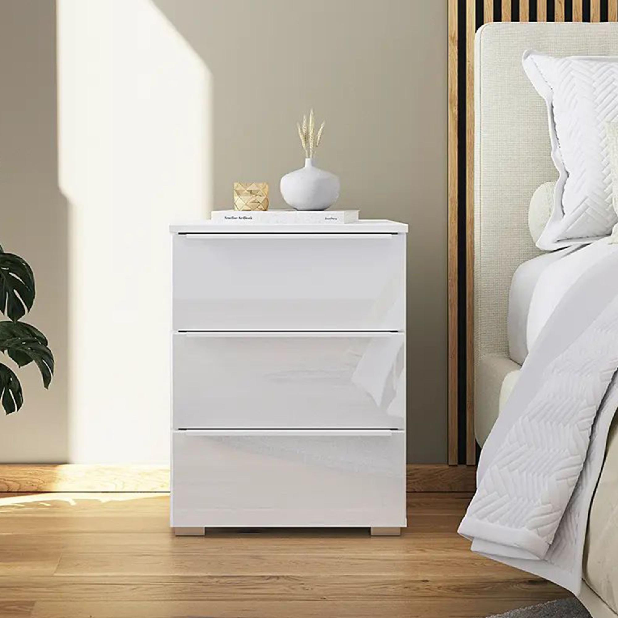 Monostar Bedside Cabinet - 3 Drawer - Alpine White & White Glass