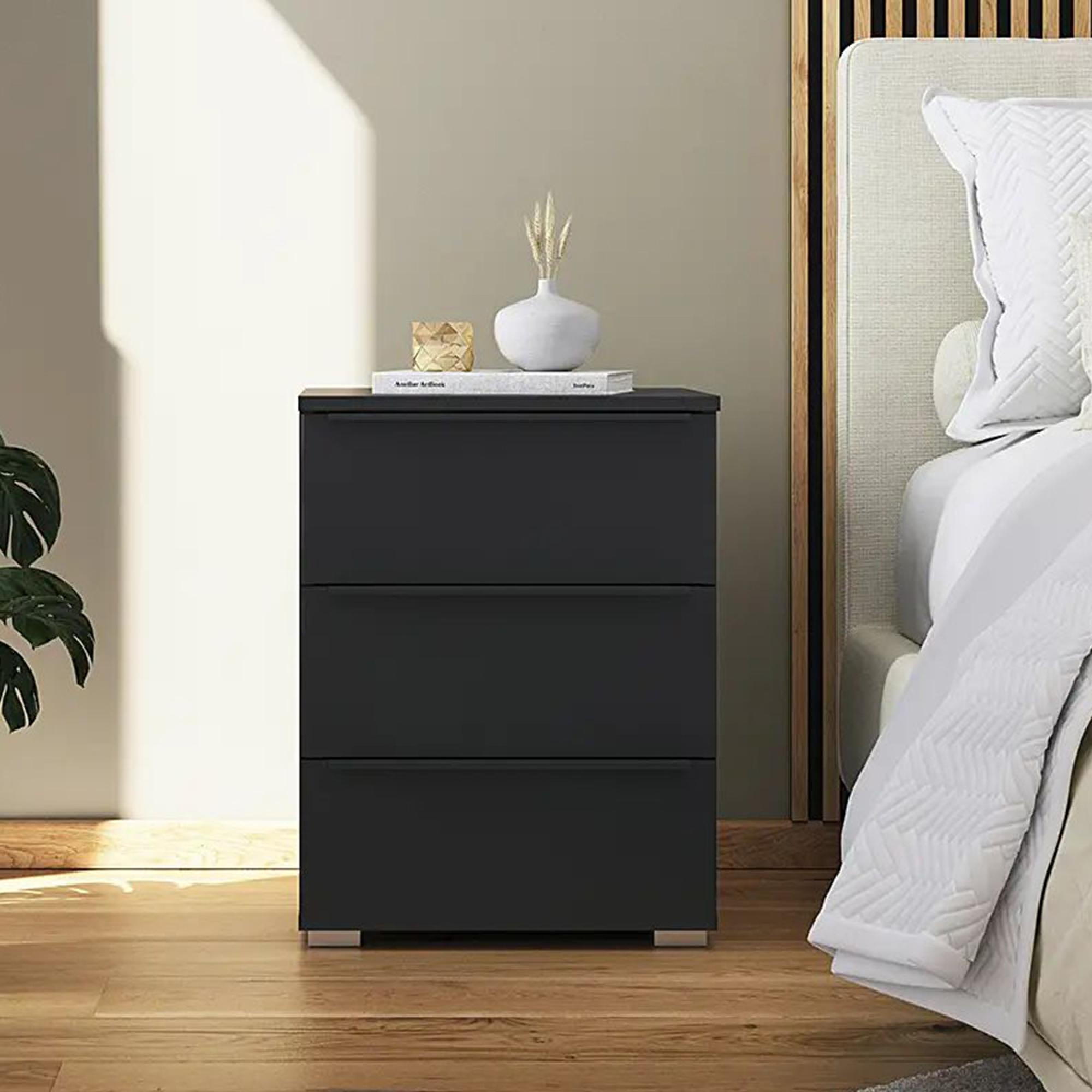 Monostar Bedside Cabinet - 3 Drawer - Metallic Dark Grey