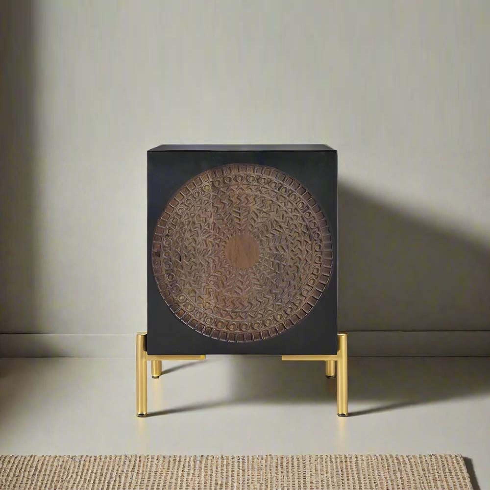 Refton Bedside Cabinet - Carved - Dark Mango Wood - 1 Door