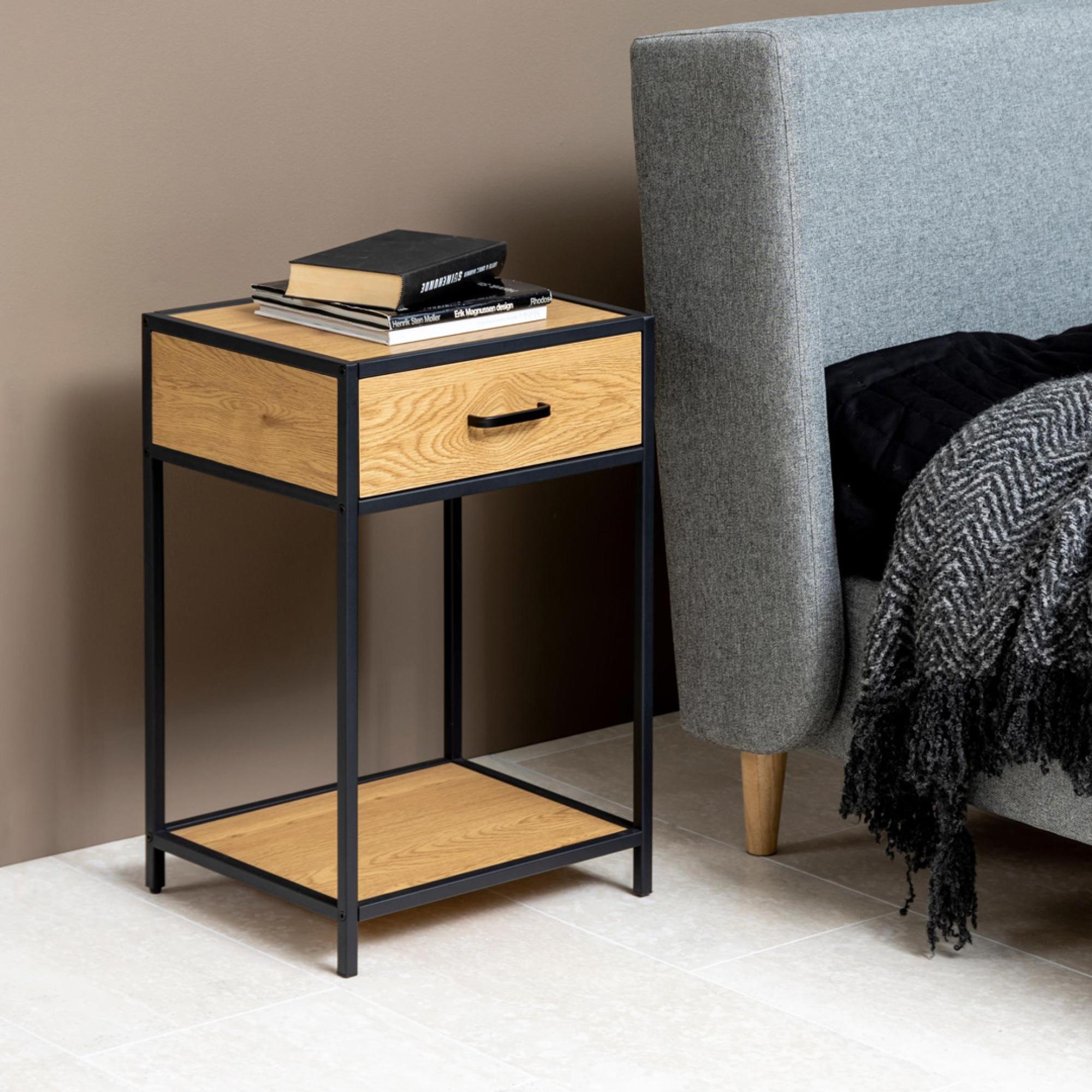 Seaford Bedside Table - 1 Drawer - Oak and Black Metal
