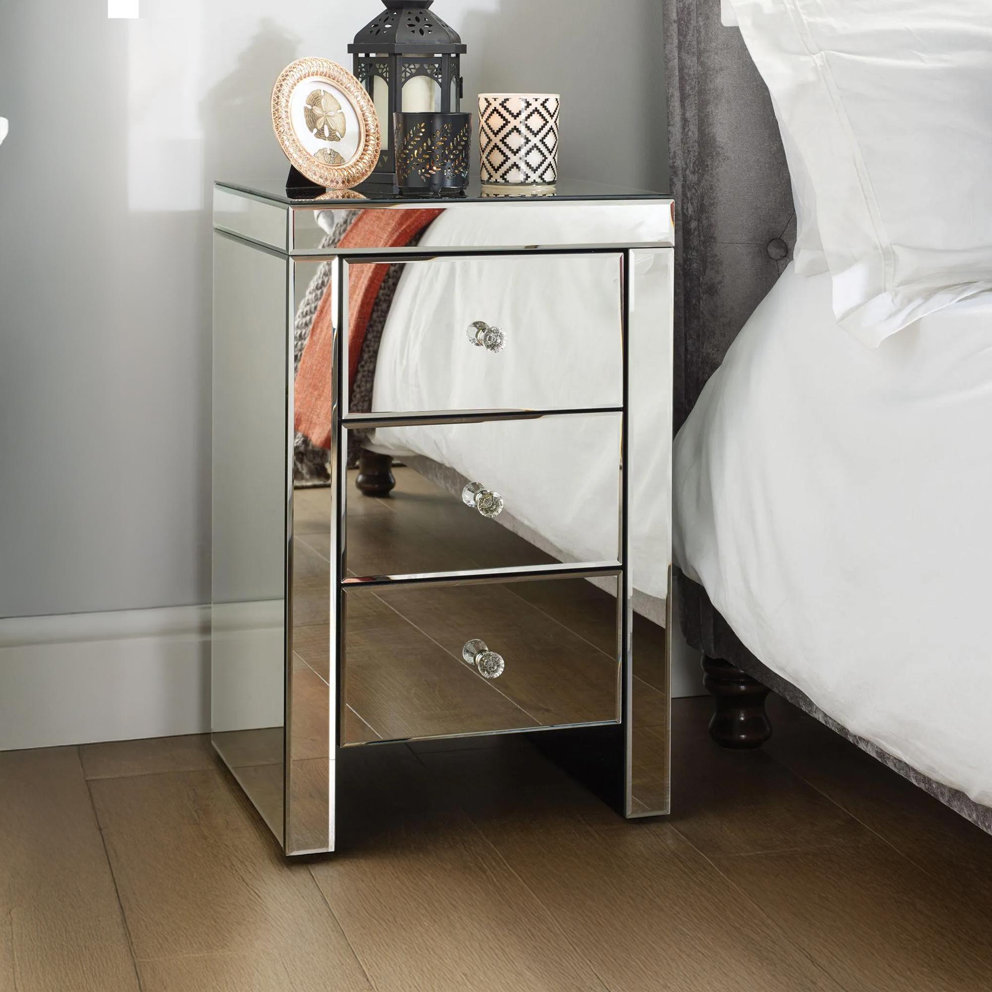 Seville Narrow Bedside Cabinet - 3 Drawer - Mirrored
