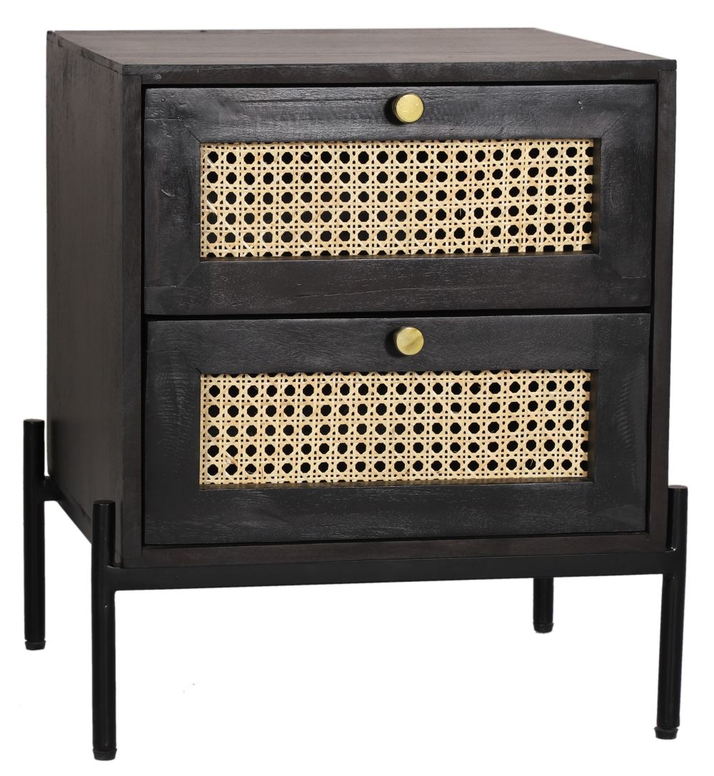 Tapola Bedside Cabinet - 2 Drawer - Black Wood and Rattan
