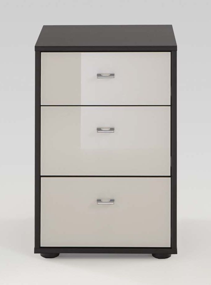Tokio Bedside Cabinet - 3 Drawer - Magnolia Glass and Havana Carcase - Chrome Handle