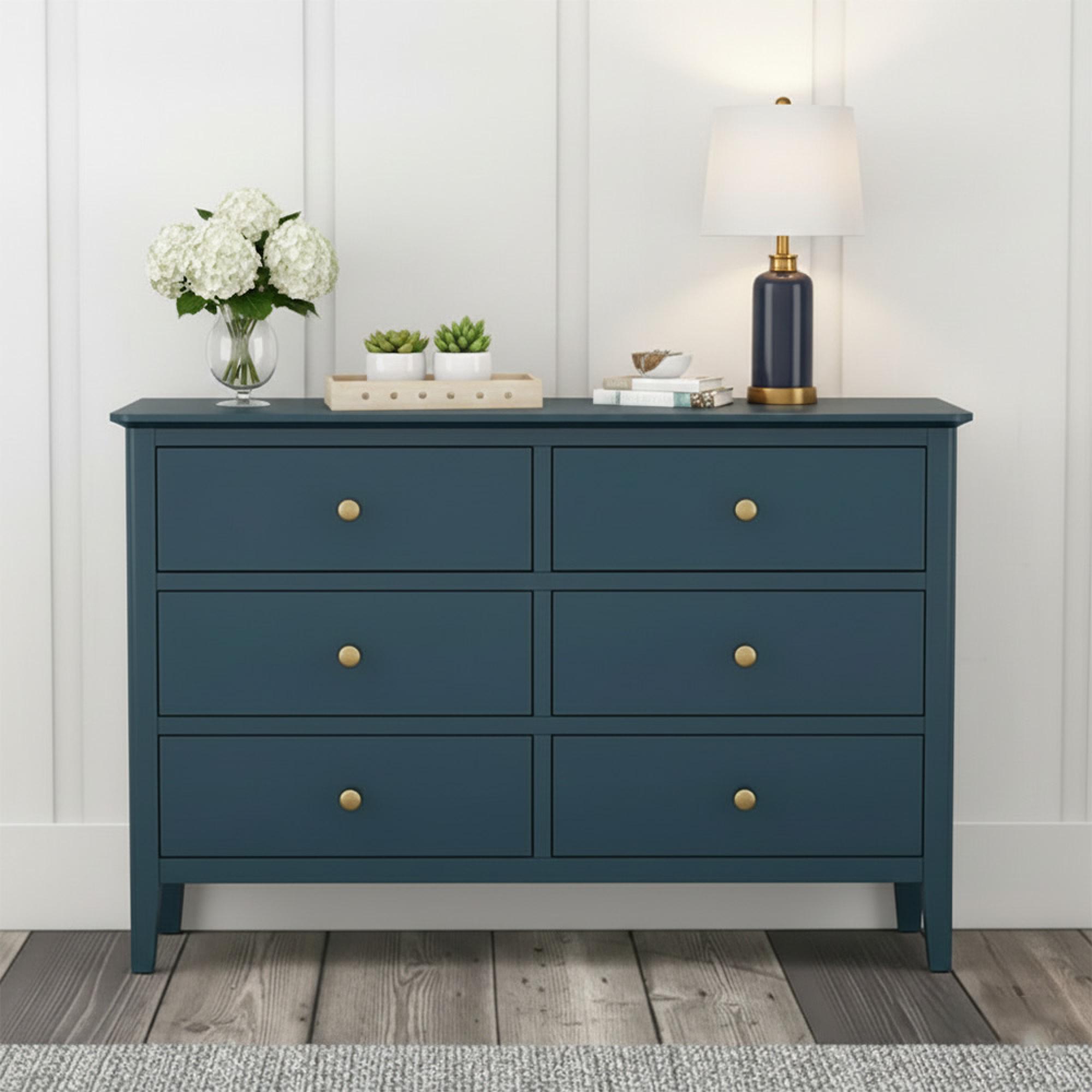 Harrogate Wide Chest of Drawers - 6 Drawer - Blue