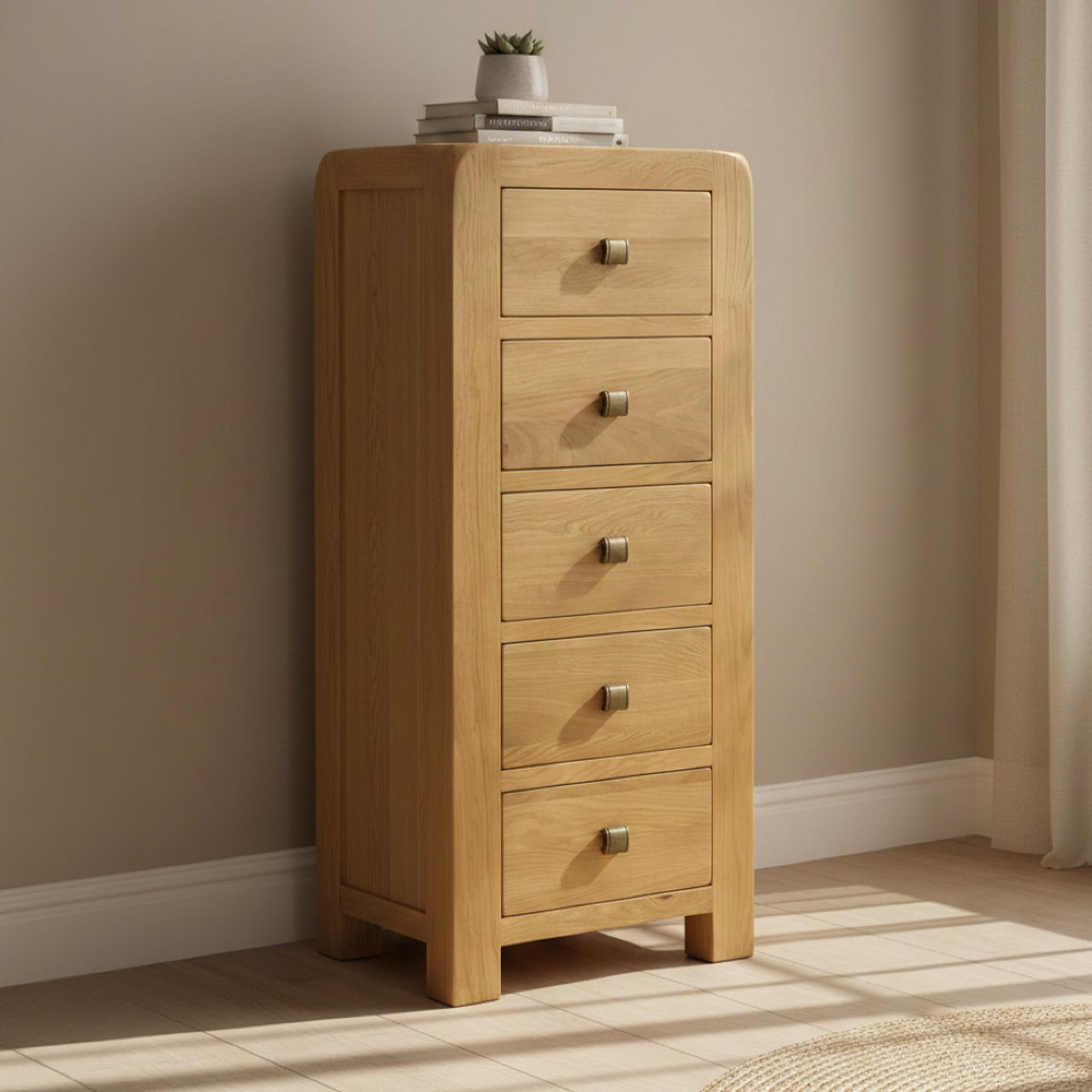 Curve Narrow Chest - 5 Drawer - Oak