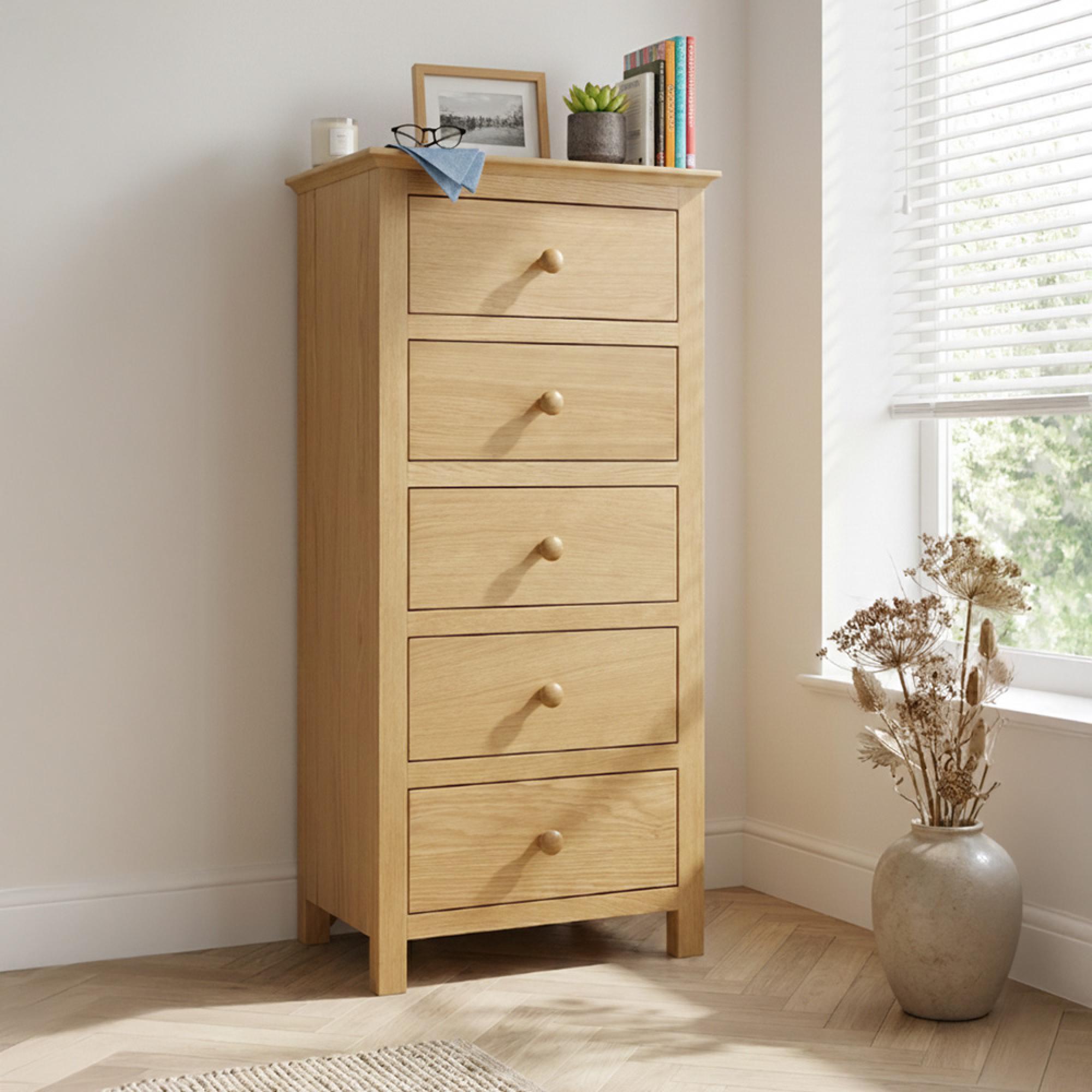 Arlington Narrow Chest - 5 Drawer - Oak