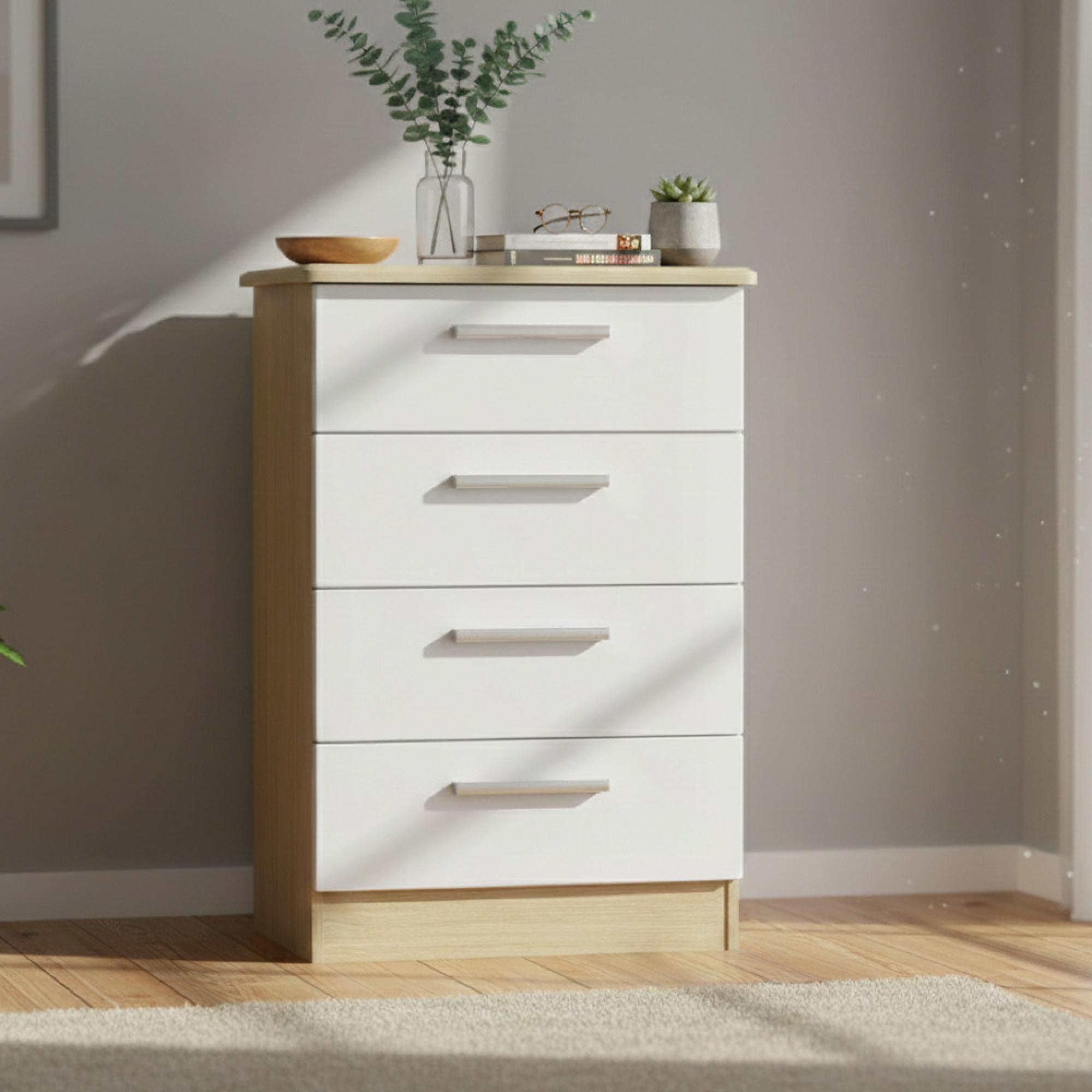 Knightsbridge Chest - Midi - 4 Drawer - White Gloss and Light Oak