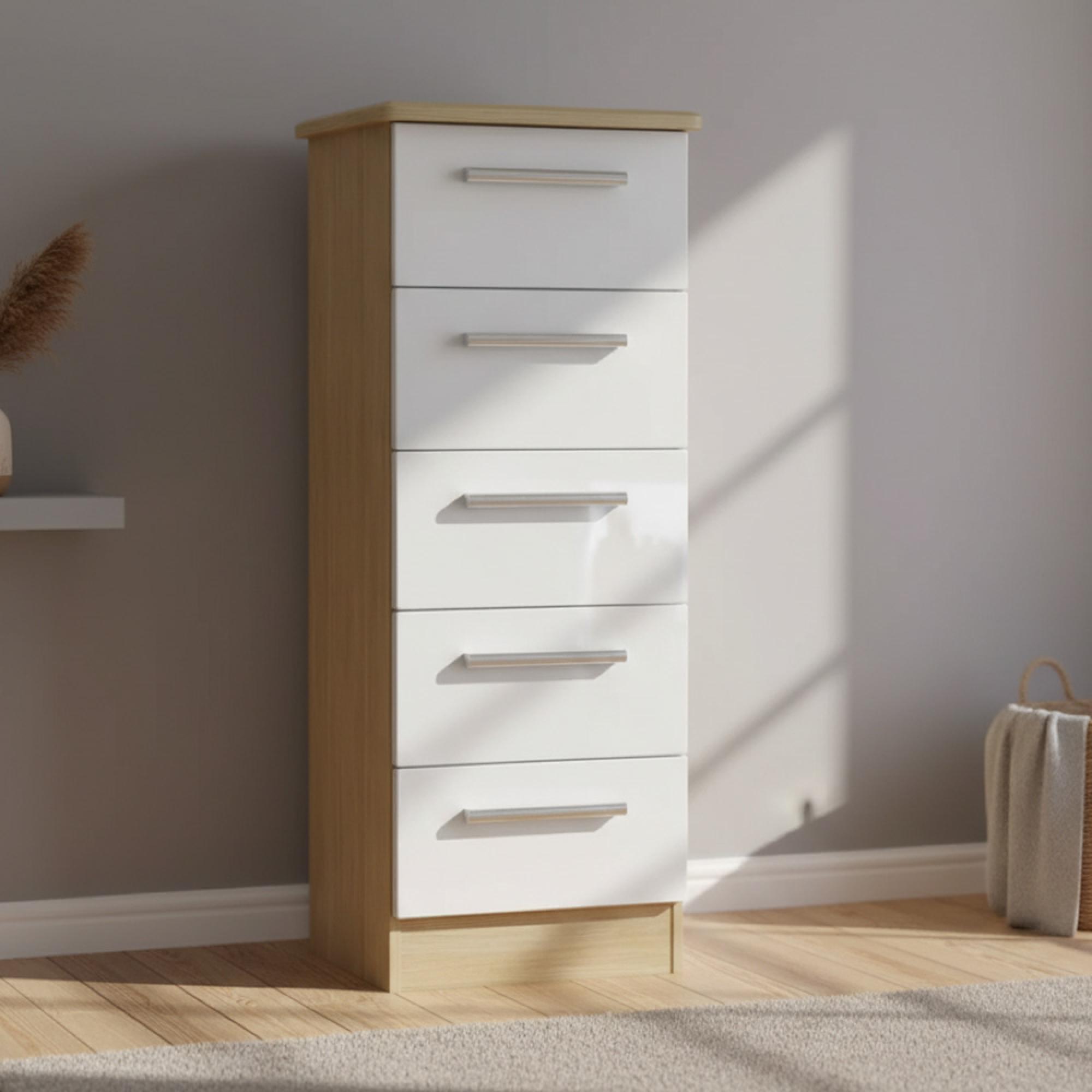 Knightsbridge Chest - Narrow - 5 Drawer - White Gloss and Light Oak