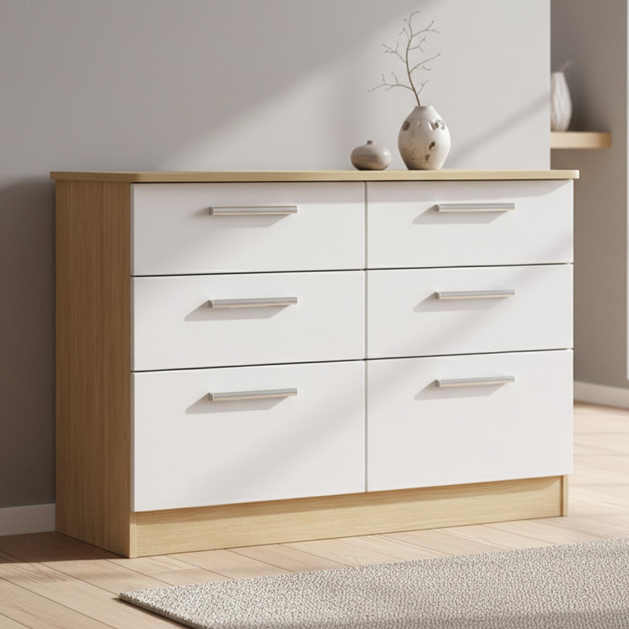 Knightsbridge Chest - Midi - 6 Drawer - White Gloss and Light Oak