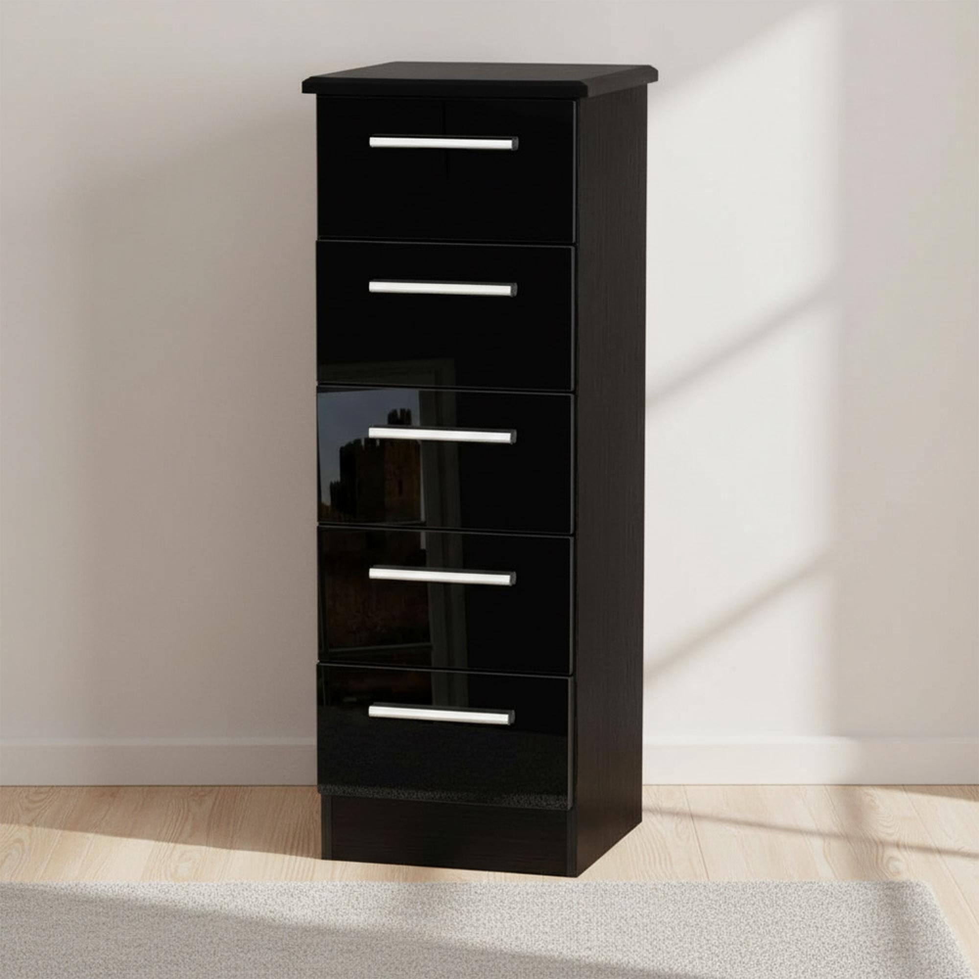 Knightsbridge Narrow Chest - 5 Drawer - Black Gloss